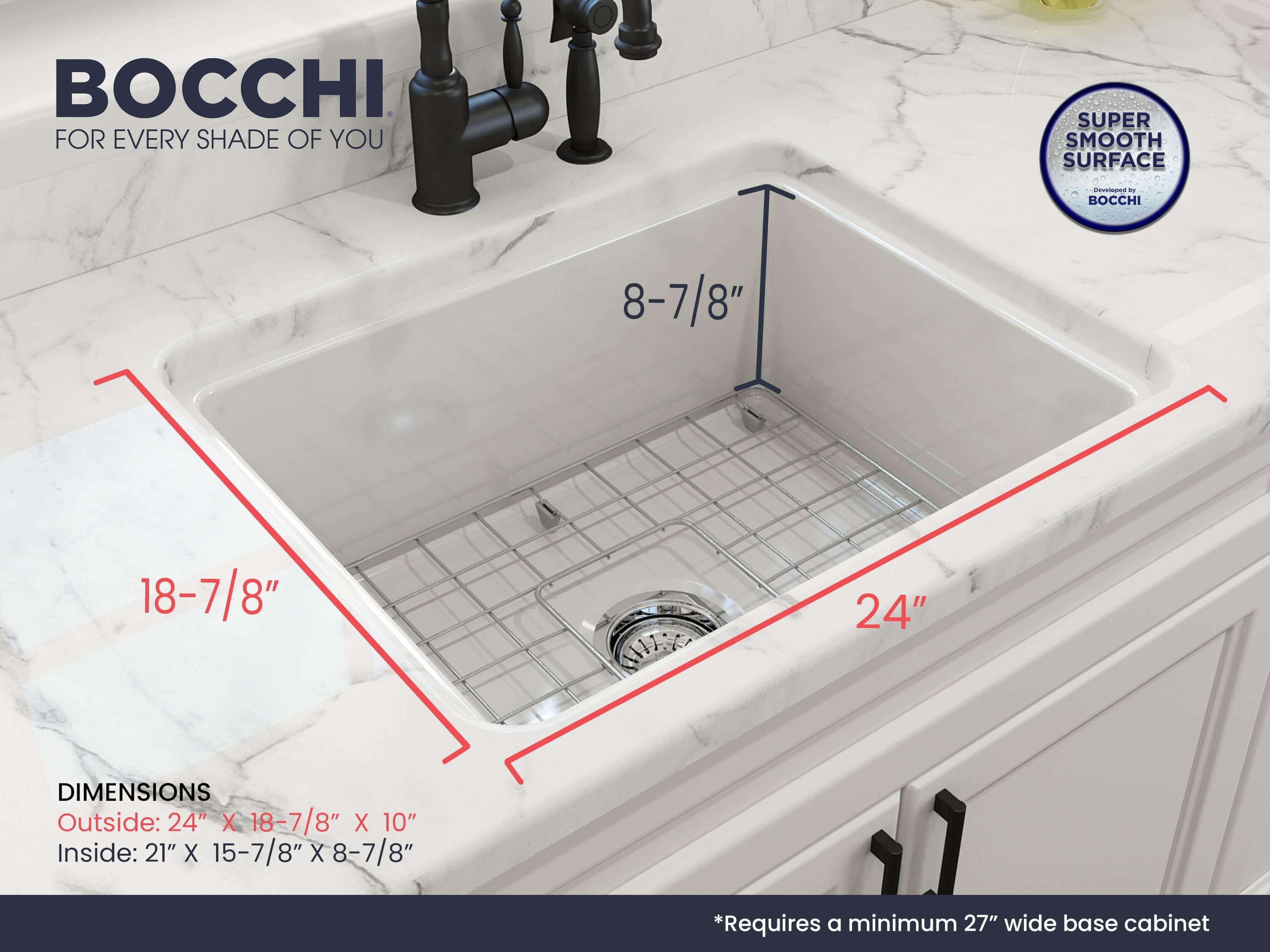 Alternate Image for BOCCHI Sotto 24" Dual Mount Fireclay Kitchen Sink Kit with Accessories, White, 1627-001-0120