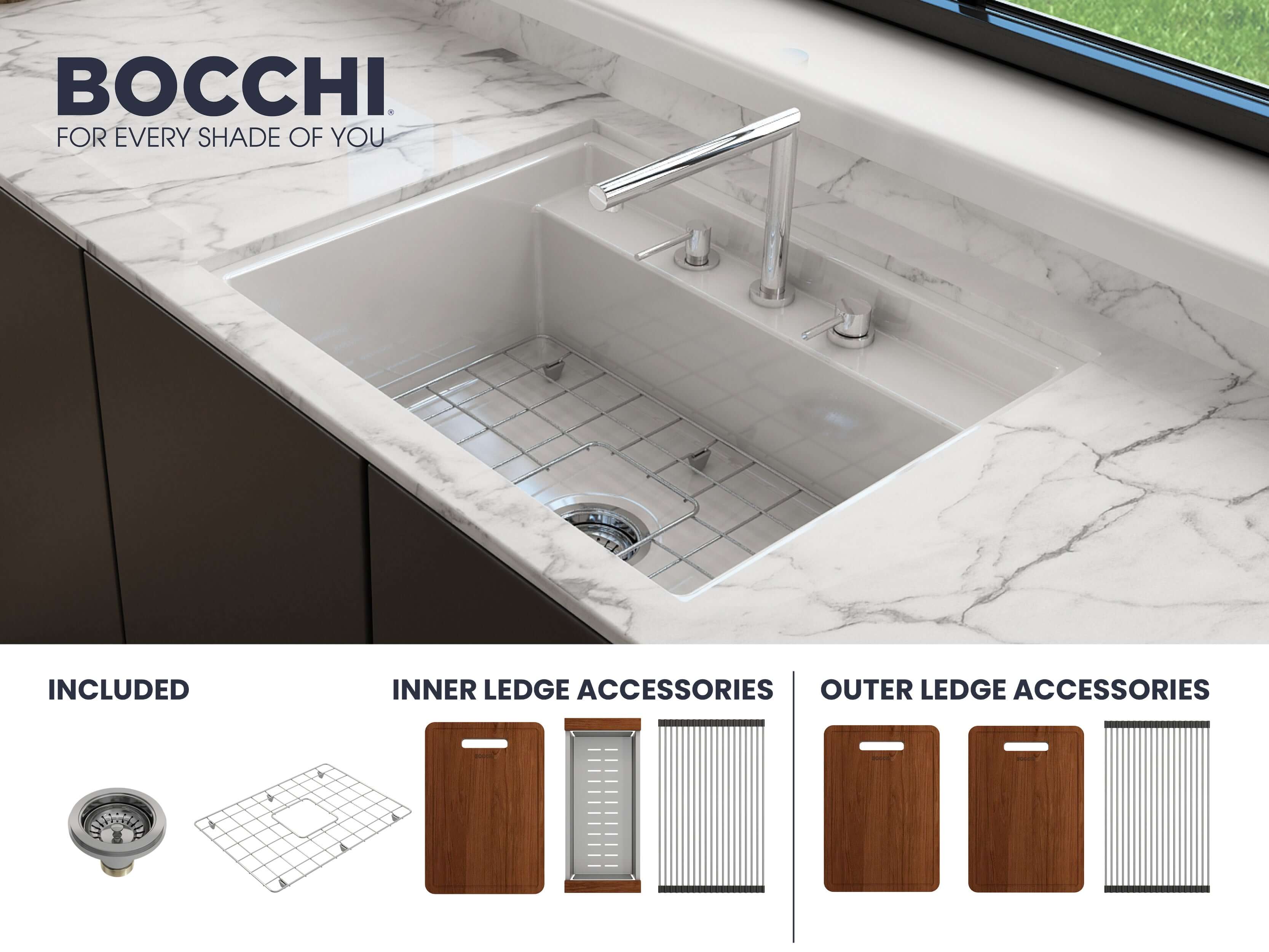 Alternate Image for BOCCHI Baveno Uno 27" Dual Mount Fireclay Workstation Kitchen Sink Kit with Accessories, White, 1633-001-0127