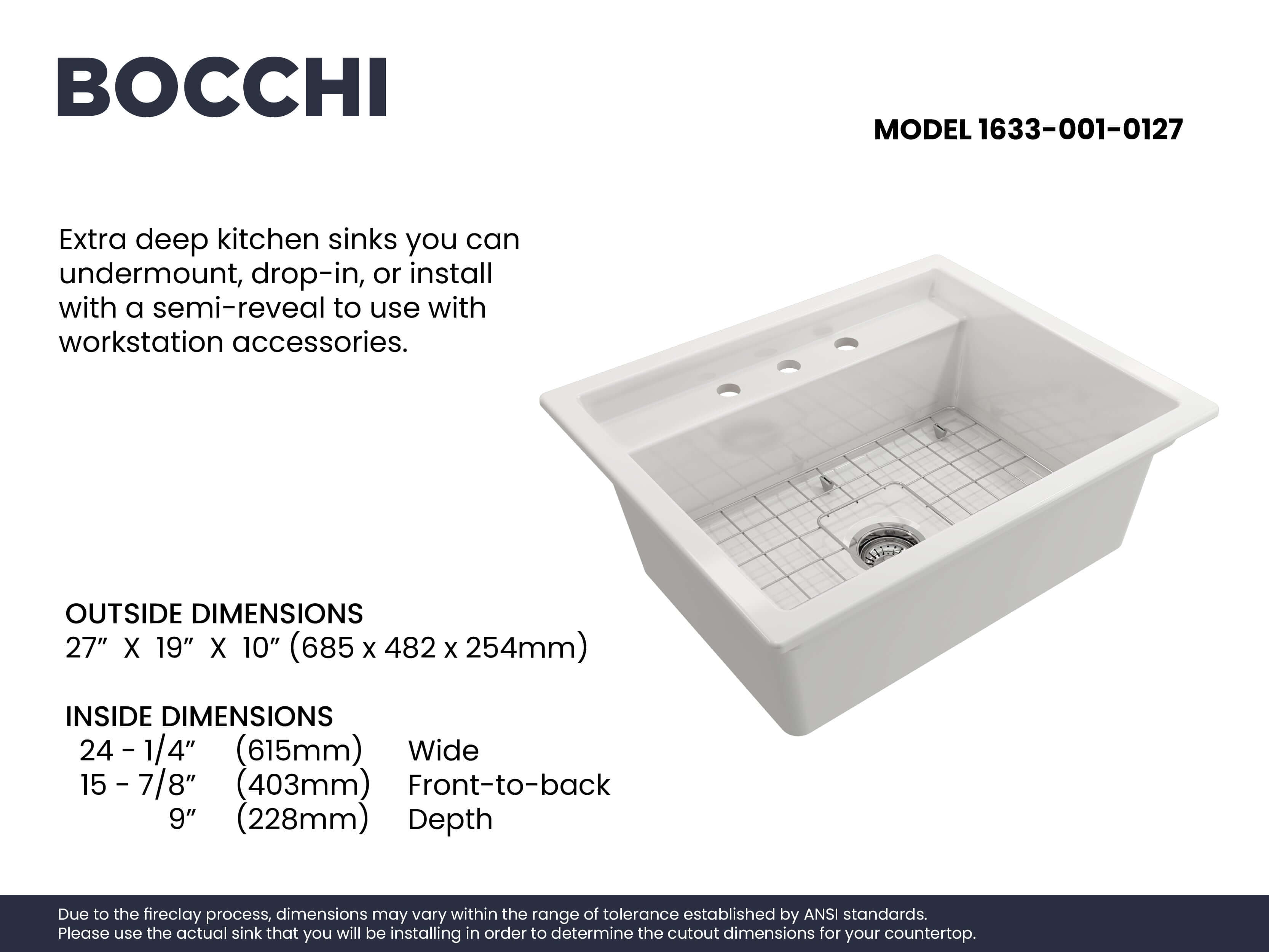Alternate Image for BOCCHI Baveno Uno 27" Dual Mount Fireclay Workstation Kitchen Sink Kit with Accessories, White, 1633-001-0127