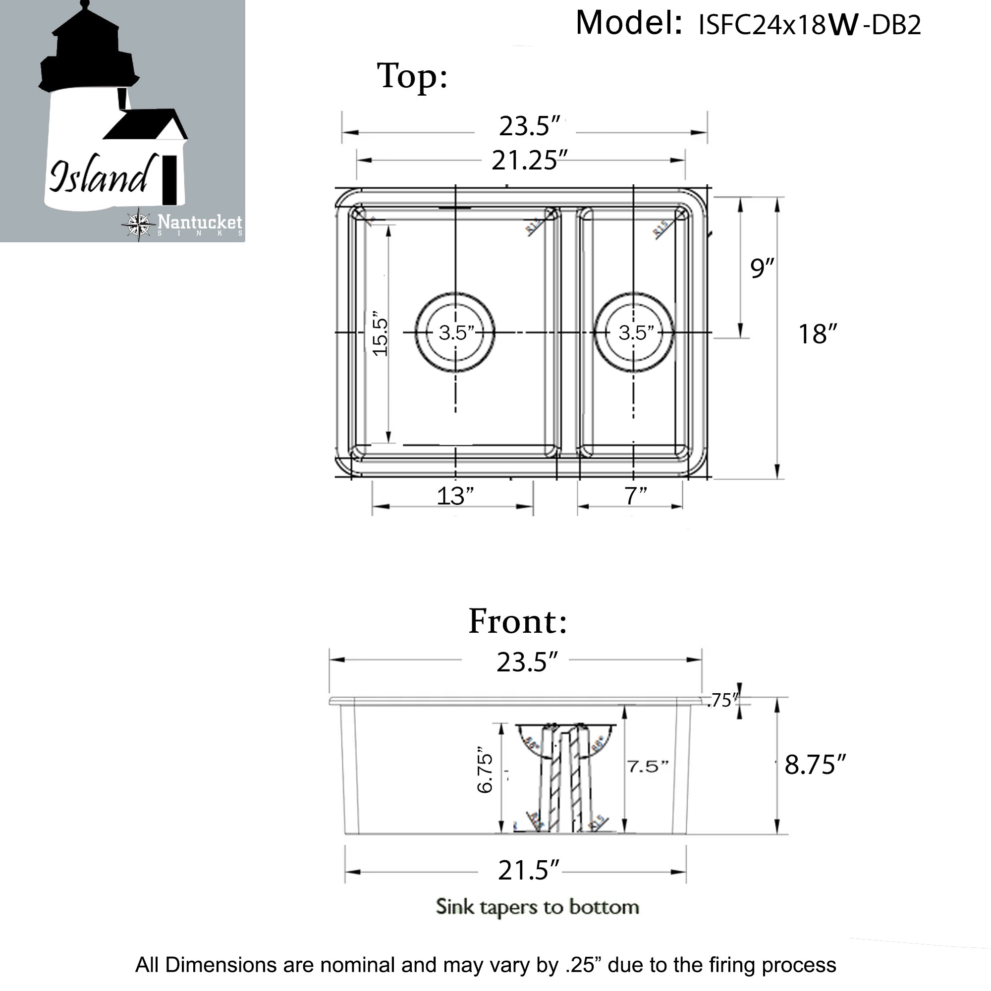 Alternate Image for Nantucket Sinks Island 24" Dual Mount Fireclay Kitchen Sink with Accessories, 67/33 Double Bowl, White, ISFC24x18W-DB2