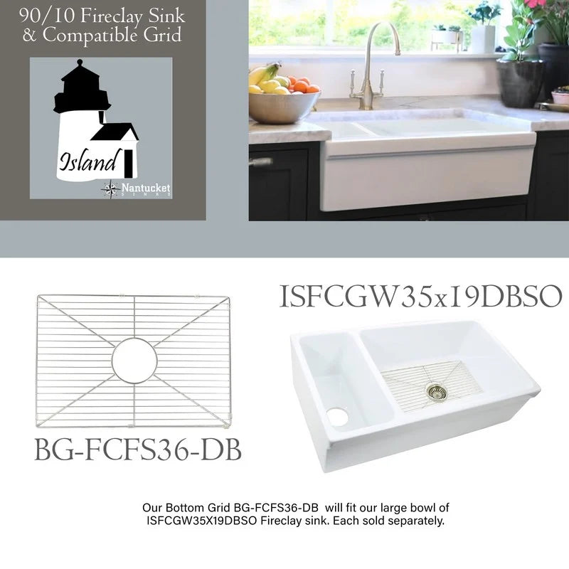 Nantucket Sinks Island 36" Fireclay Farmhouse Sink 90/10 Double Bowl, White, ISFCGW35X19DBSO