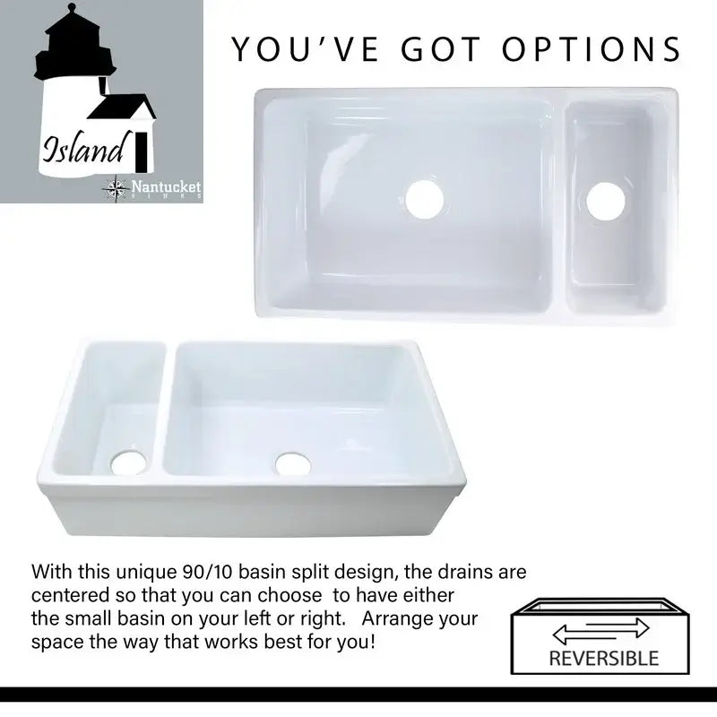 Nantucket Sinks Island 36" Fireclay Farmhouse Sink 90/10 Double Bowl, White, ISFCGW35X19DBSO