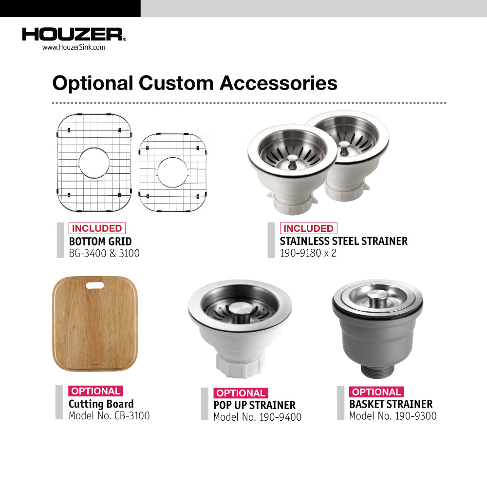 Alternate Image for Houzer Glowtone 33" Stainless Steel Topmount 1-hole 60/40 Double Bowl Kitchen Sink Strainers & Grids - 20 Gauge, ISL-3322BS1-C