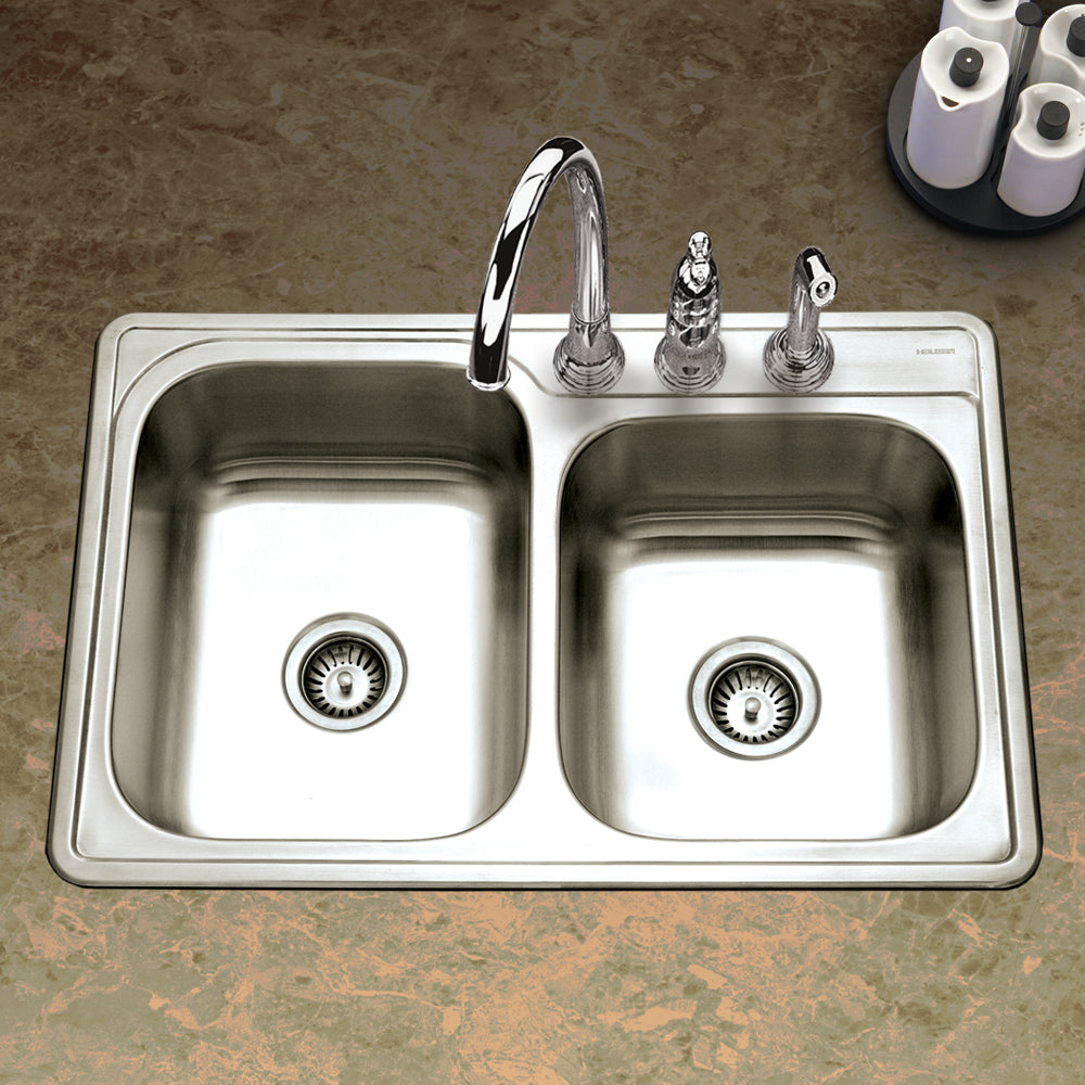 Alternate Image for Houzer Glowtone 33" Stainless Steel Topmount 3-hole 60/40 Double Bowl Kitchen Sink with Strainers & Grids - 20 Gauge, ISL-3322BS3-C