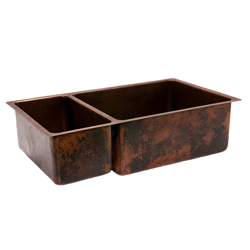 Alternate Image for Premier Copper Products 33" Hammered Copper Kitchen 25/75 Double Basin Sink with Matching Drains, and Accessories, Oil Rubbed Bronze, KSP3_K25DB33199
