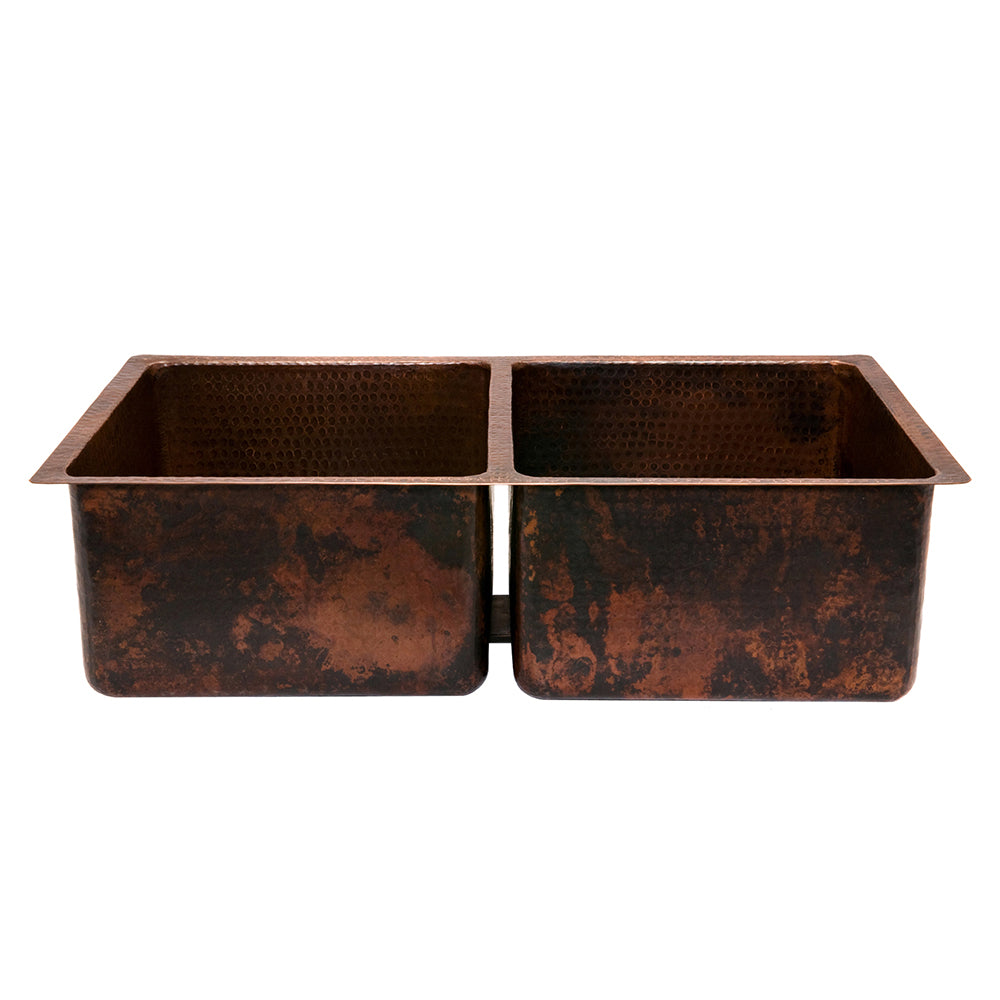 Alternate Image for Premier Copper Products 33" Hammered Copper Kitchen 50/50 Double Basin Sink with Matching Drains, and Accessories, Oil Rubbed Bronze, KSP3_K50DB33199