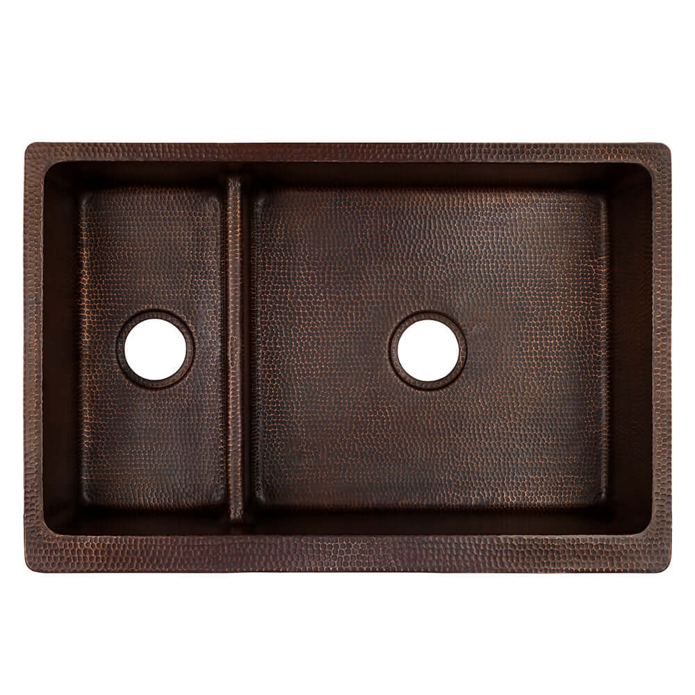 Alternate Image for Premier Copper Products 33" Hammered Copper Kitchen Apron 30/70 Double Basin Farmhouse Sink with Short 5" Divider w/ Matching Drains and Accessories, Oil Rubbed Bronze, KSP3_KA30DB33229-SD5