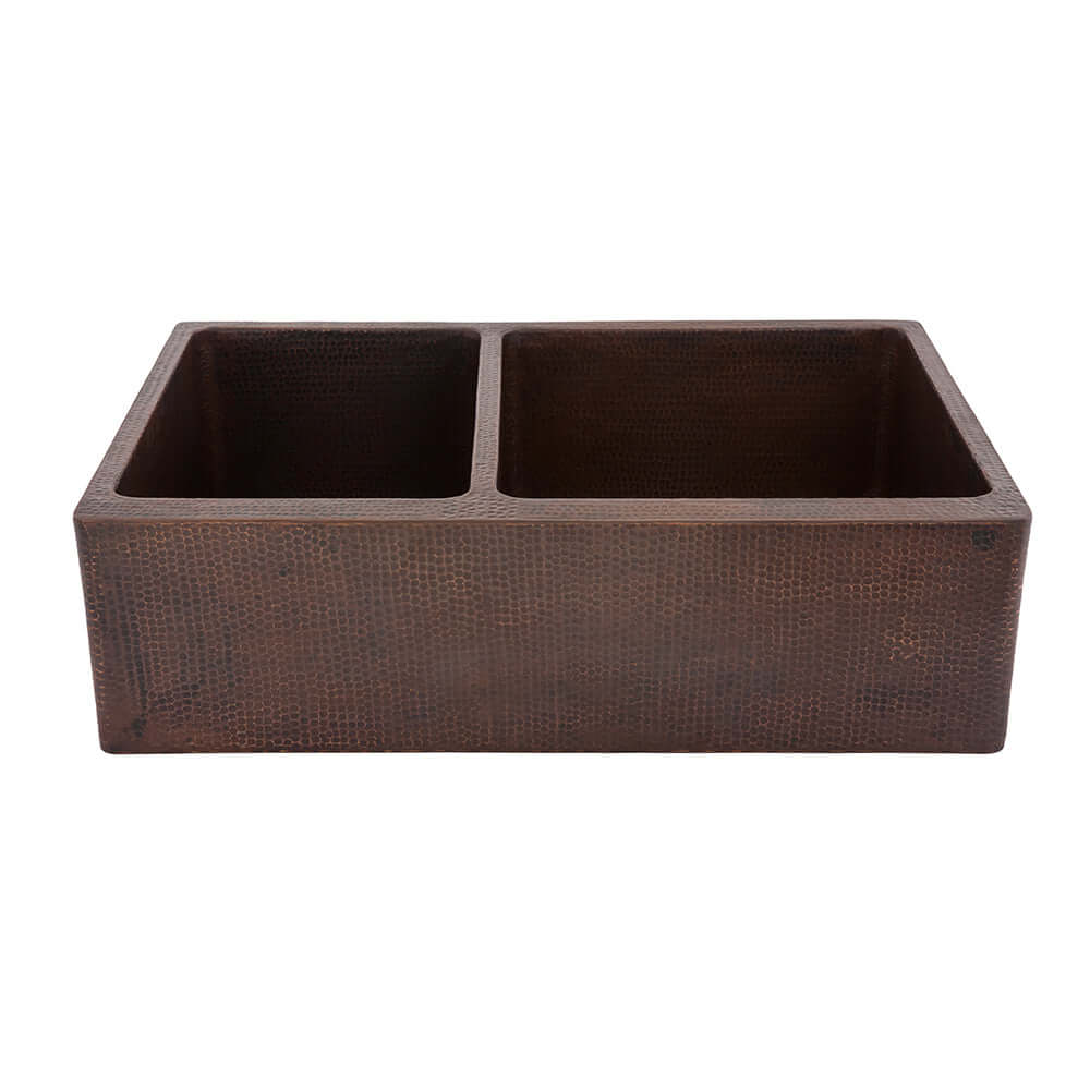 Alternate Image for Premier Copper Products 33" Hammered Copper Kitchen Apron 40/60 Double Basin Farmhouse Sink with Matching Drains, and Accessories, Oil Rubbed Bronze, KSP3_KA40DB33229