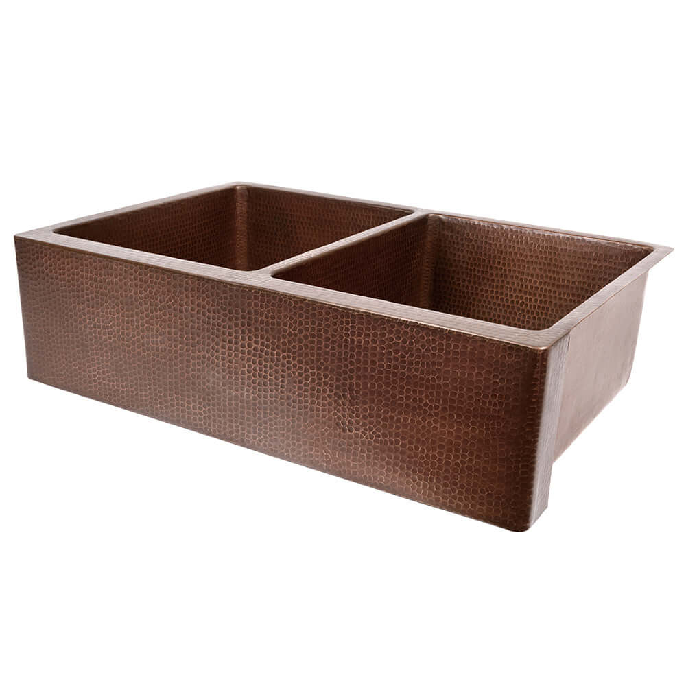 Alternate Image for Premier Copper Products 33" Copper Farmhouse Sink, 50/50 Double Bowl, Antique Copper, KA50B33229