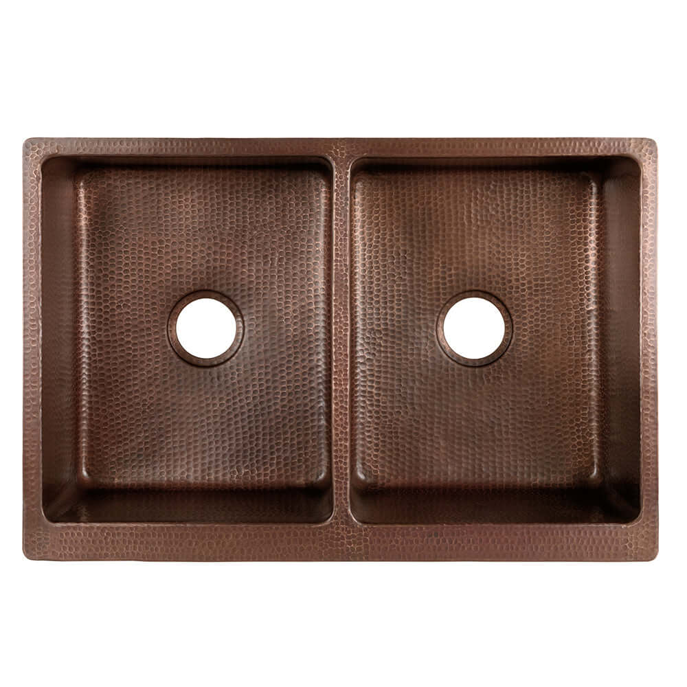 Alternate Image for Premier Copper Products 33" Copper Farmhouse Sink, 50/50 Double Bowl, Antique Copper, KA50B33229