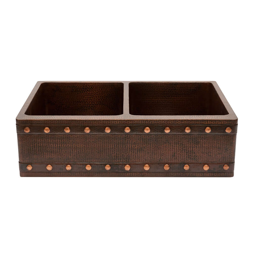 Alternate Image for Premier Copper Products 33" Hammered Copper Kitchen Apron 50/50 Double Basin Farmhouse Sink w/ Barrel Strap Design with Matching Drains, and Accessories, Oil Rubbed Bronze, KSP3_KA50DB33229BS