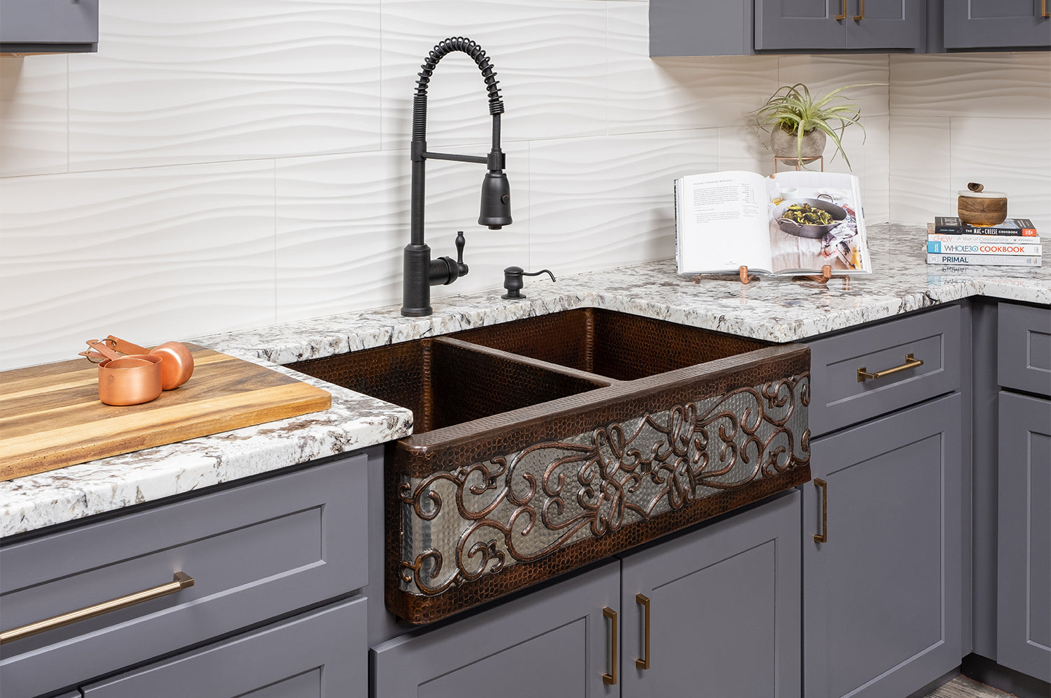 Alternate Image for Premier Copper Products 33" Copper Farmhouse Sink, 50/50 Double Bowl, Oil Rubbed Bronze and Nickel, KA50DB33229S-NB