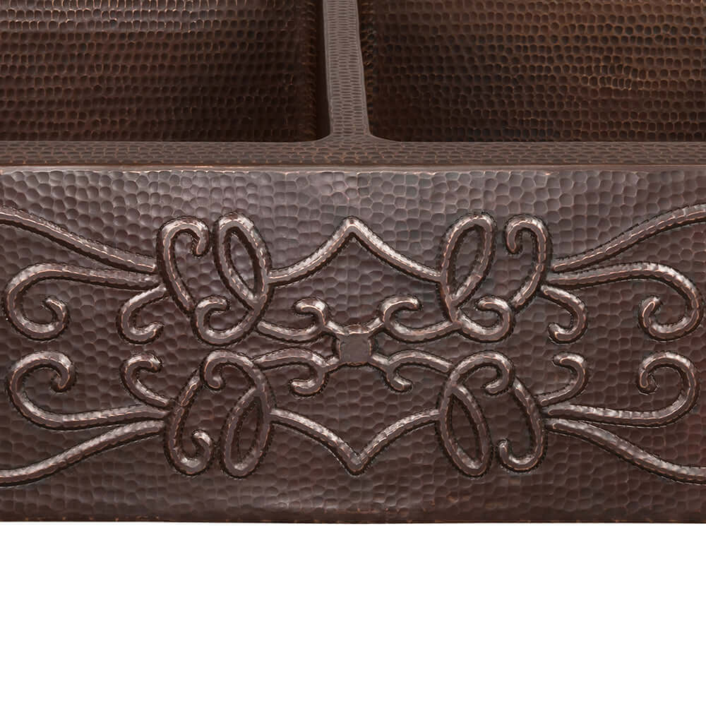 Alternate Image for Premier Copper Products 33" Hammered Copper Kitchen Apron 50/50 Double Basin Farmhouse Sink w/ Scroll Design with Matching Drains, and Accessories, Oil Rubbed Bronze, KSP3_KA50DB33229S