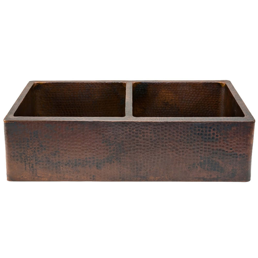 Alternate Image for Premier Copper Products 33" Hammered Copper Kitchen Apron 50/50 Double Basin Farmhouse Sink with Matching Drains, and Accessories, Oil Rubbed Bronze, KSP3_KA50DB33229