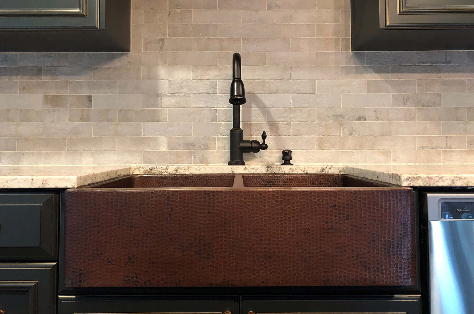 Alternate Image for Premier Copper Products 33" Copper Farmhouse Sink, 50/50 Double Bowl, Oil Rubbed Bronze, KA50DB33229