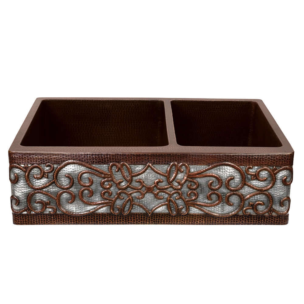 Alternate Image for Premier Copper Products 33" Hammered Copper Kitchen Apron 60/40 Double Basin Farmhouse Sink w/ Scroll Design and Apron Front Nickel Background w/ Matching Drains and Accessories, Oil Rubbed Bronze and Nickel, KSP3_KA60DB33229S-NB