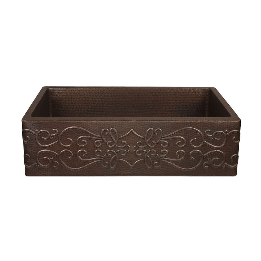 Alternate Image for Premier Copper Products 30" Hammered Copper Kitchen Apron Single Basin Farmhouse Sink with Scroll Design with Matching Drain and Accessories, Oil Rubbed Bronze, KSP3_KASDB30229S