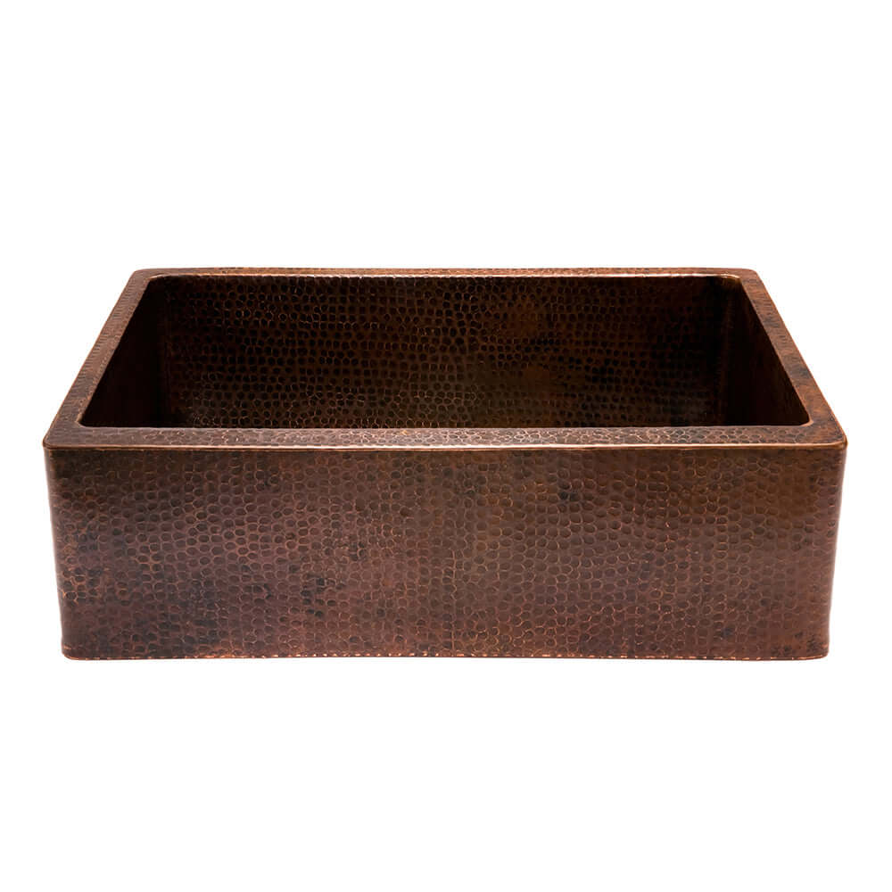 Premier Copper Products 30" Hammered Copper Kitchen Apron Single Basin Farmhouse Sink with Matching Drain and Accessories, Oil Rubbed Bronze, KSP3_KASDB30229