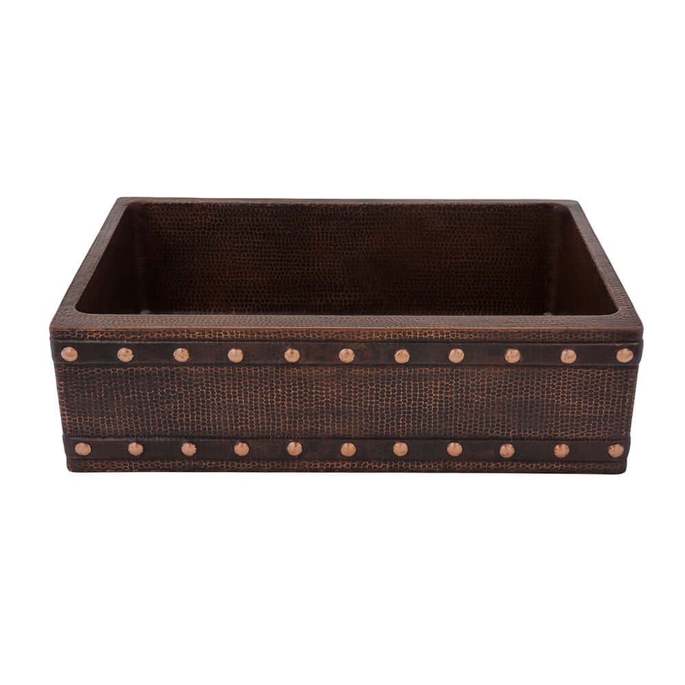 Alternate Image for Premier Copper Products 33" Hammered Copper Kitchen Apron Single Basin Farmhouse Sink w/ Barrel Strap Design with Matching Drain and Accessories, Oil Rubbed Bronze, KSP3_KASDB33229BS