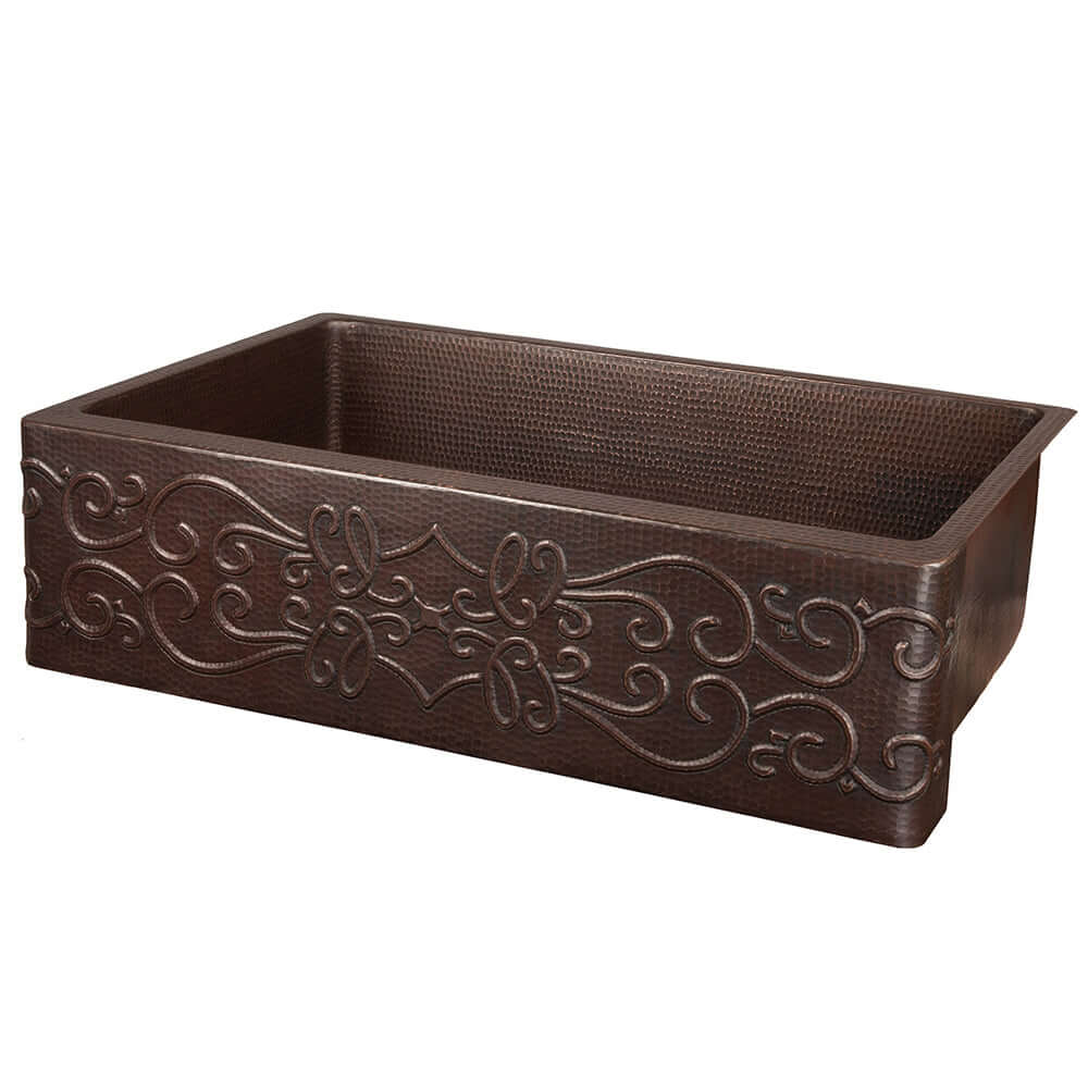 Alternate Image for Premier Copper Products 33" Hammered Copper Kitchen Apron Single Basin Farmhouse Sink w/ Scroll Design with Matching Drain and Accessories, Oil Rubbed Bronze, KSP3_KASDB33229S