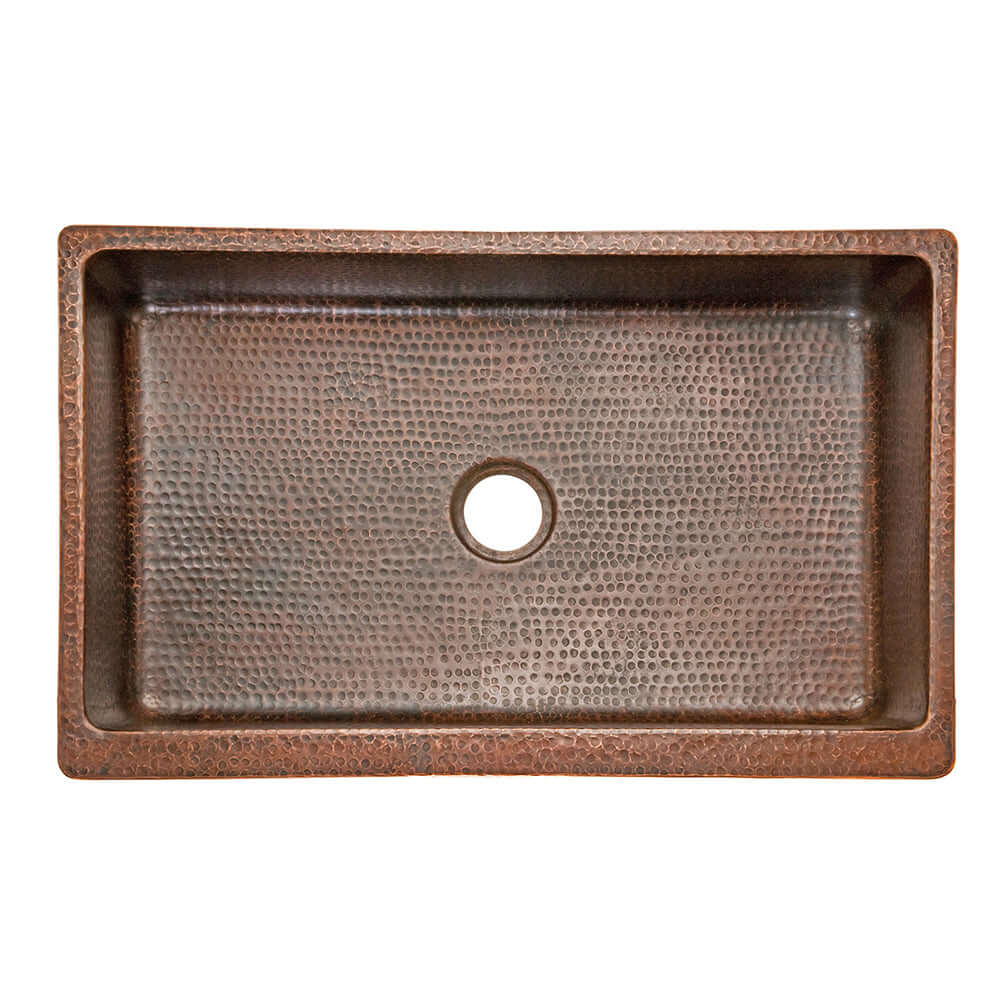 Alternate Image for Premier Copper Products 35" Hammered Copper Kitchen Apron Single Basin Farmhouse Sink with Matching Drain and Accessories, Oil Rubbed Bronze, KSP3_KASDB35229