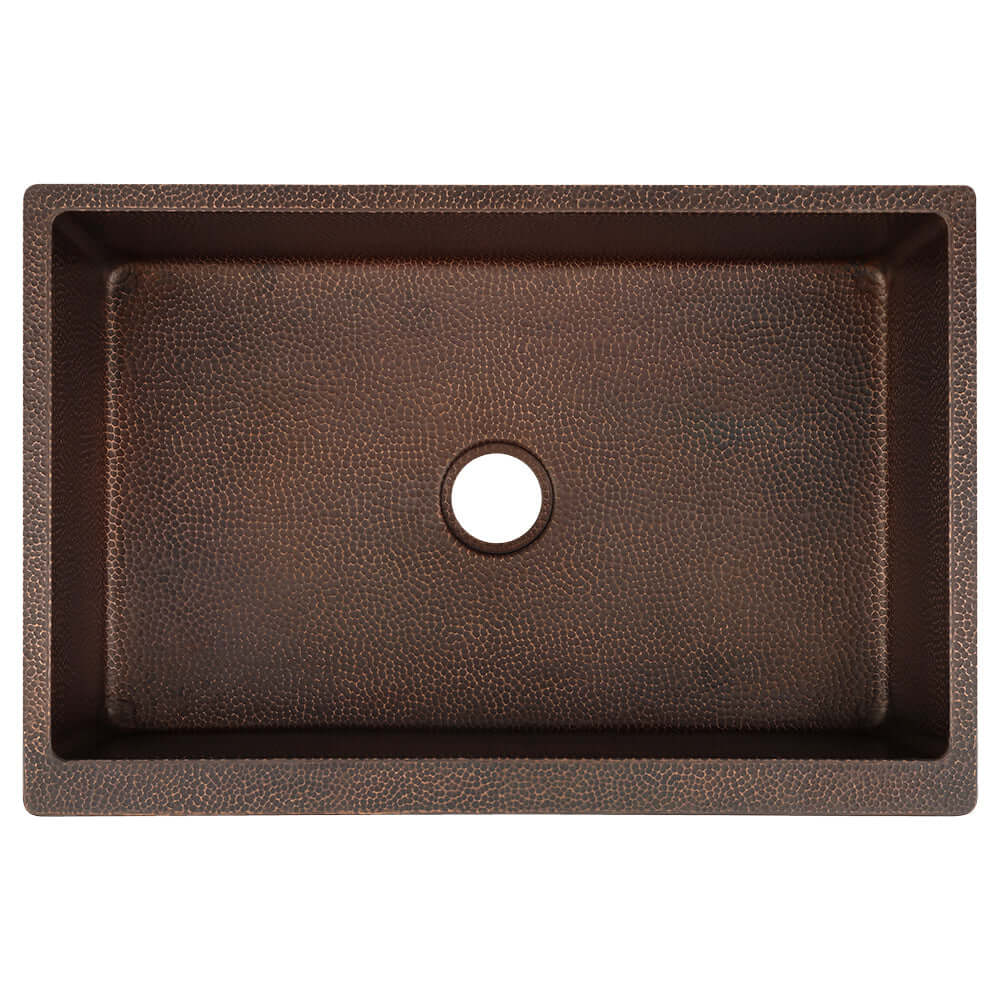 Alternate Image for Premier Copper Products 33" Hammered Copper Farmhouse Sink, Oil Rubbed Bronze, 14 Gauge, KASDBRH33229TR