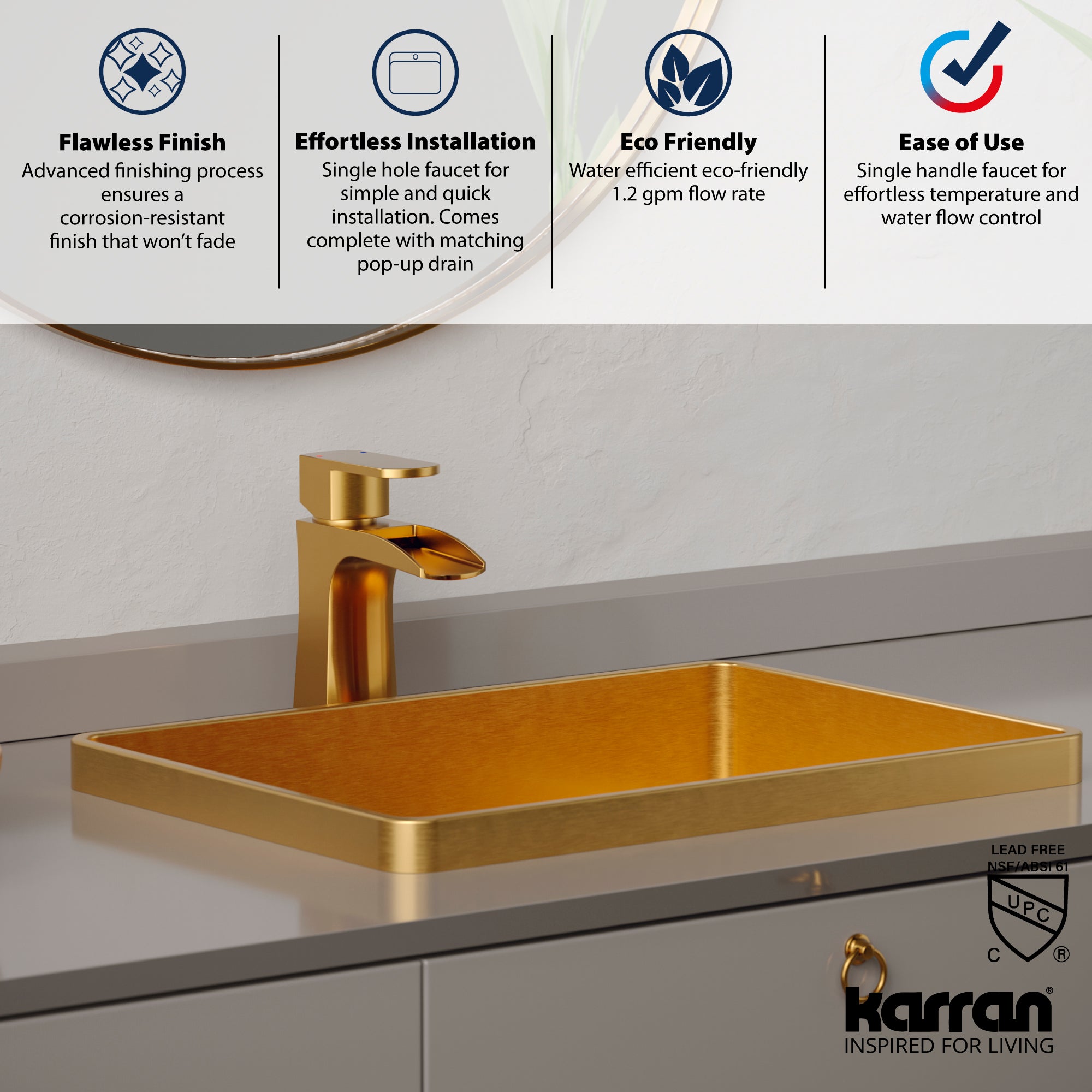 Alternate Image for Karran Kassel 1.2 GPM Single Lever Handle Lead-free Brass ADA Bathroom Faucet, Basin, Gold, KBF440G
