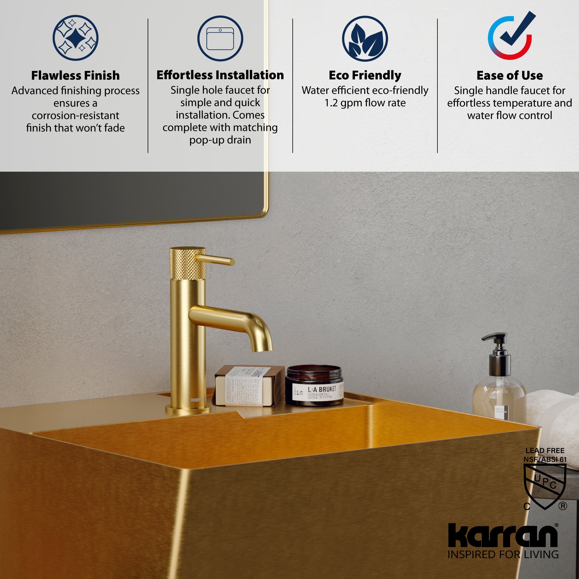 Alternate Image for Karran Tryst 1.2 GPM Single Lever Handle Lead-free Brass ADA Bathroom Faucet, Basin, Brushed Gold, KBF460BG