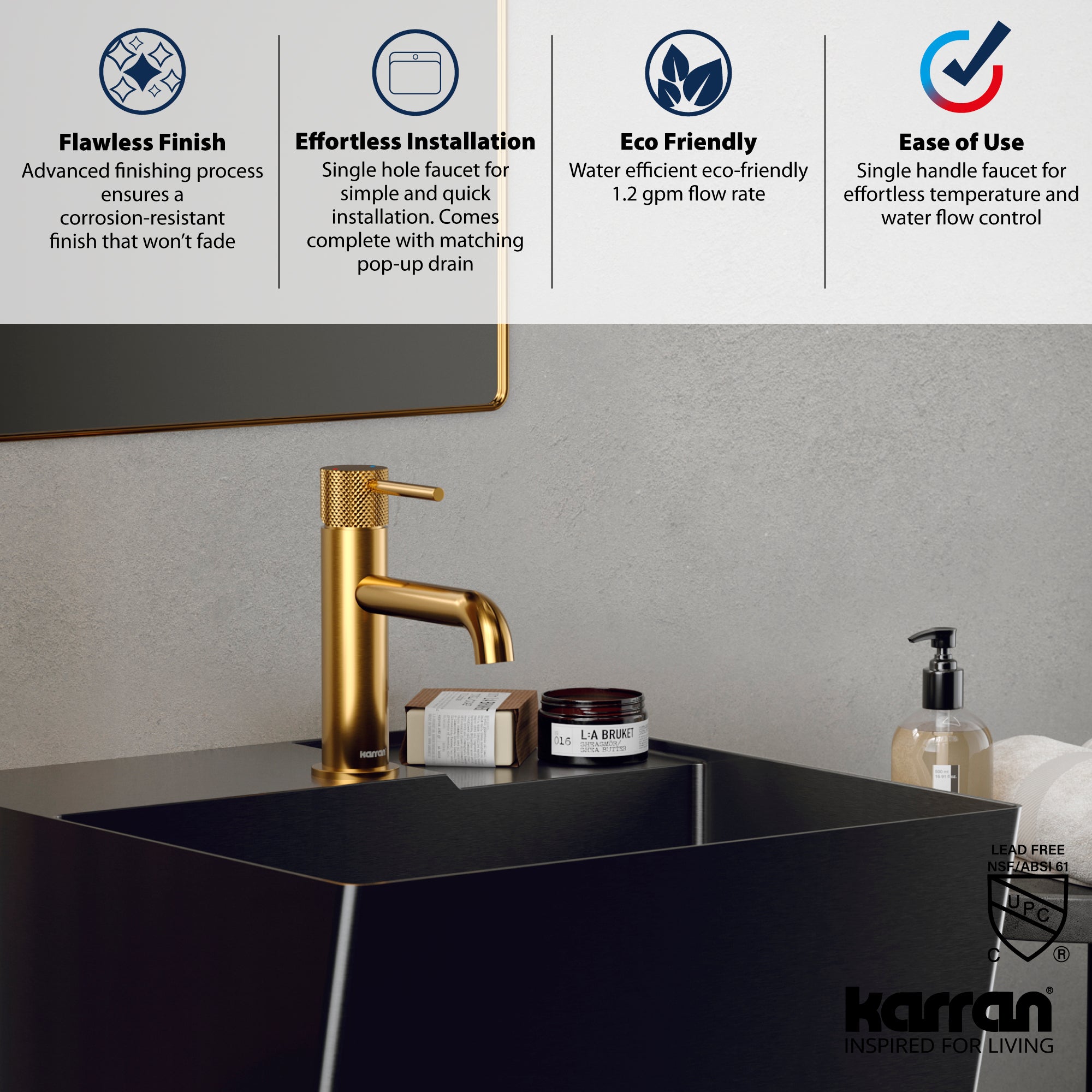 Alternate Image for Karran Tryst 1.2 GPM Single Lever Handle Lead-free Brass ADA Bathroom Faucet, Basin, Gold, KBF460G