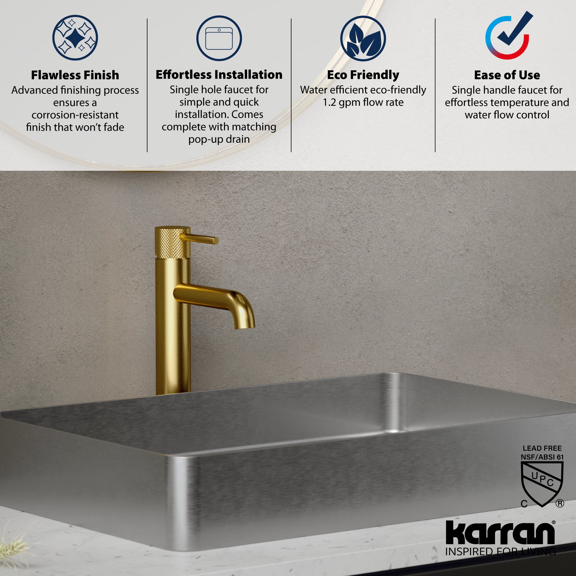 Alternate Image for Karran Tryst 1.2 GPM Single Lever Handle Lead-free Brass ADA Bathroom Faucet, Vessel, Brushed Gold, KBF462BG