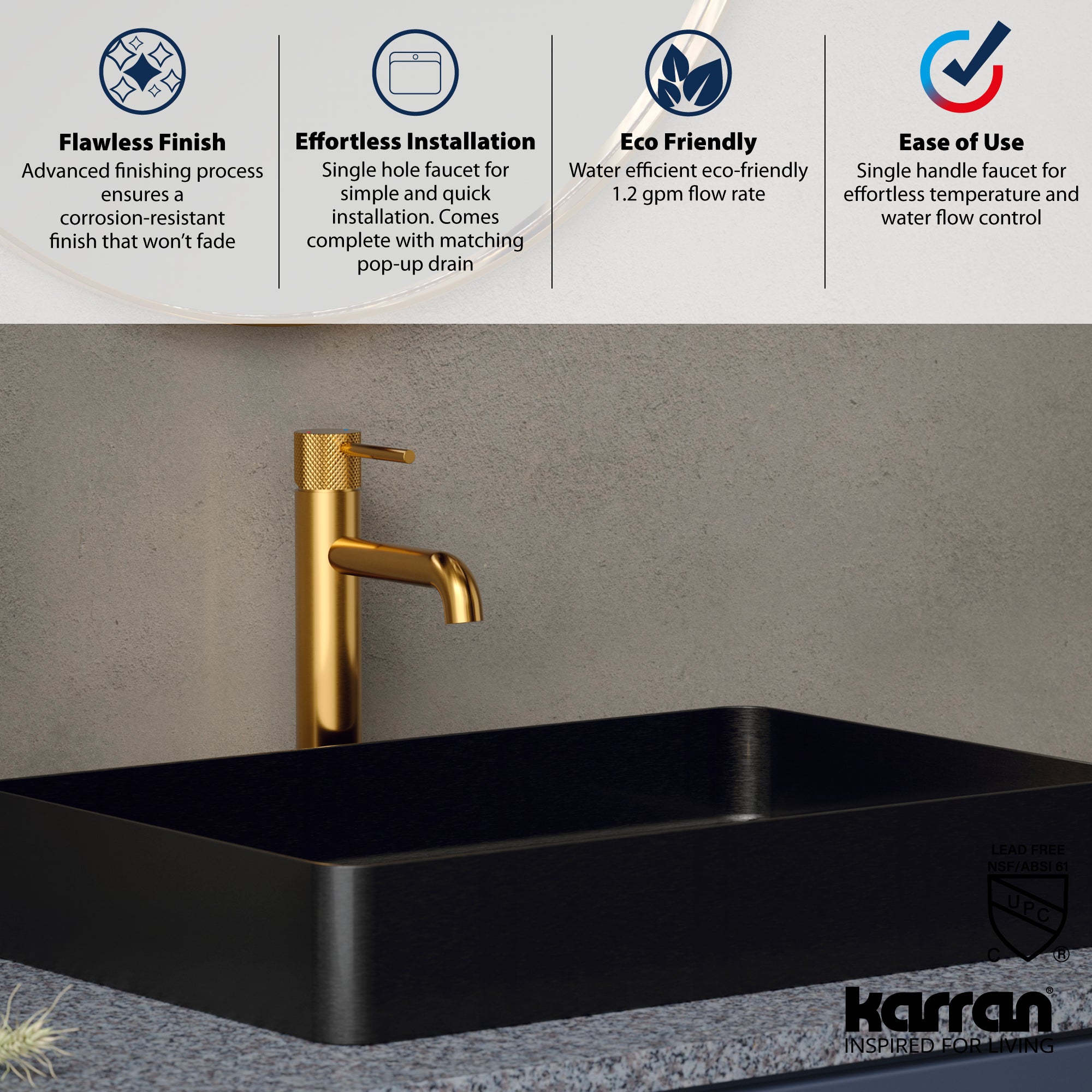Alternate Image for Karran Tryst 1.2 GPM Single Lever Handle Lead-free Brass ADA Bathroom Faucet, Vessel, Gold, KBF462G