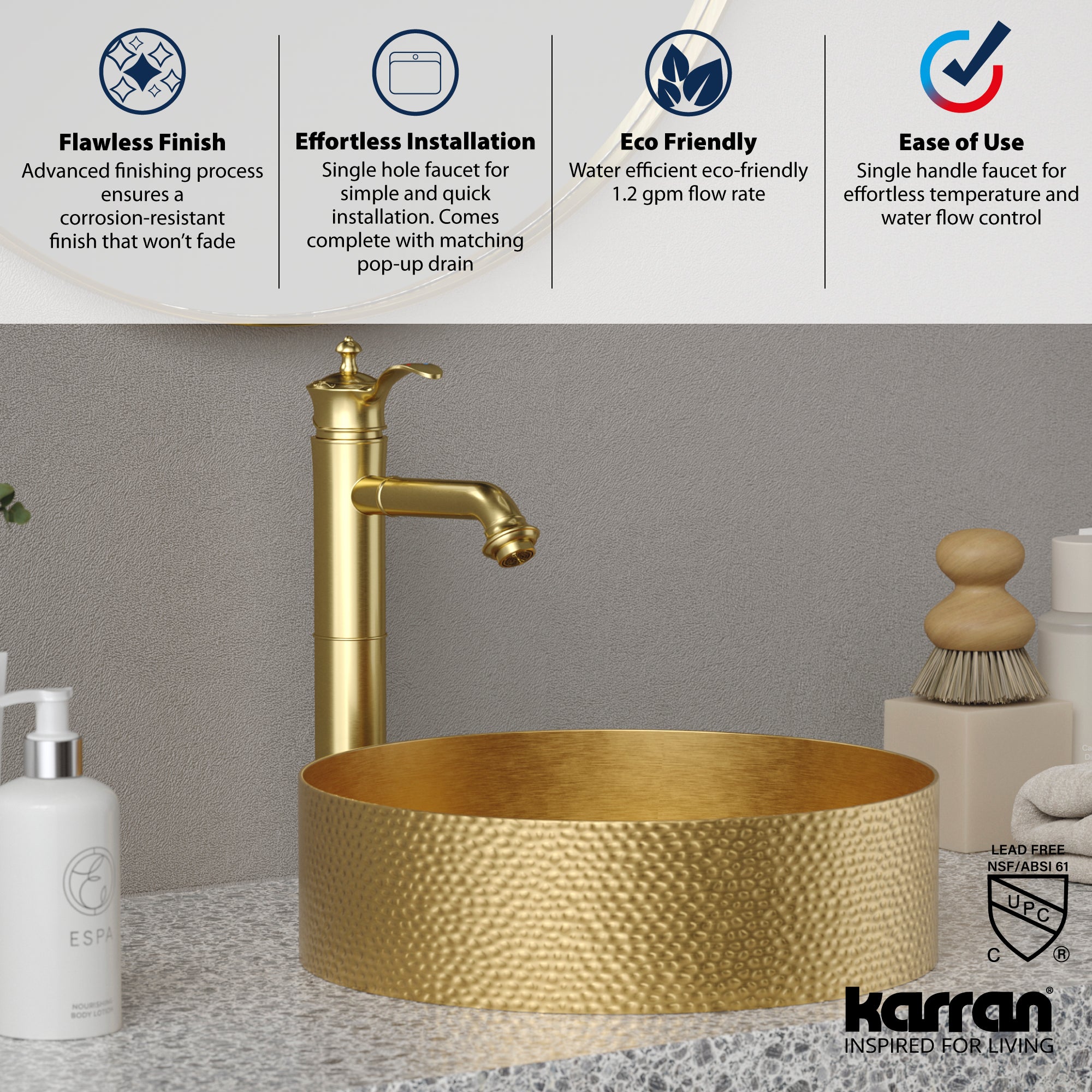 Alternate Image for Karran Vineyard 1.2 GPM Single Lever Handle Lead-free Brass ADA Bathroom Faucet, Vessel, Brushed Gold, KBF472BG