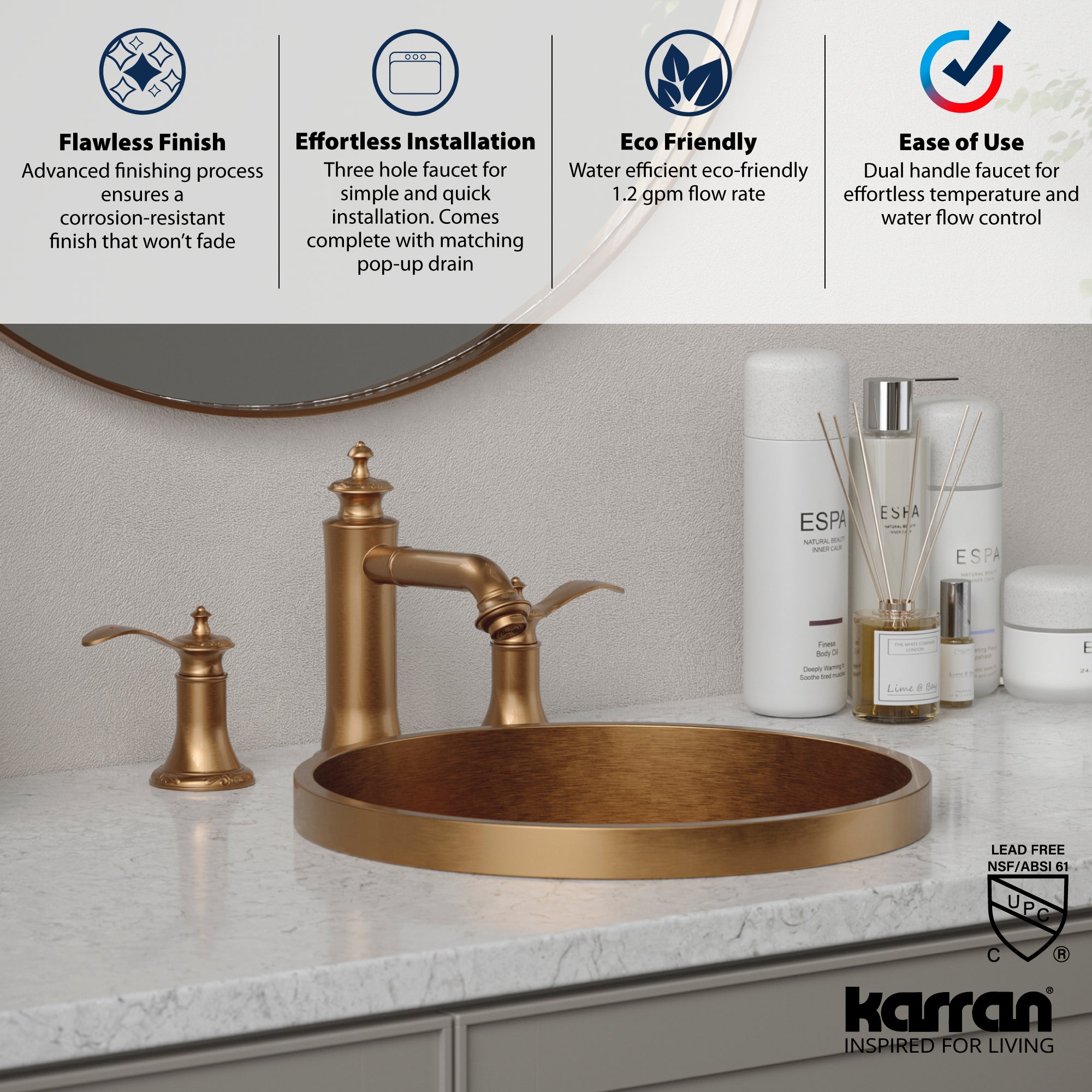 Alternate Image for Karran Vineyard 1.2 GPM Double Lever Handle Lead-free Brass ADA Bathroom Faucet, Widespread, Brushed Copper, KBF474BC