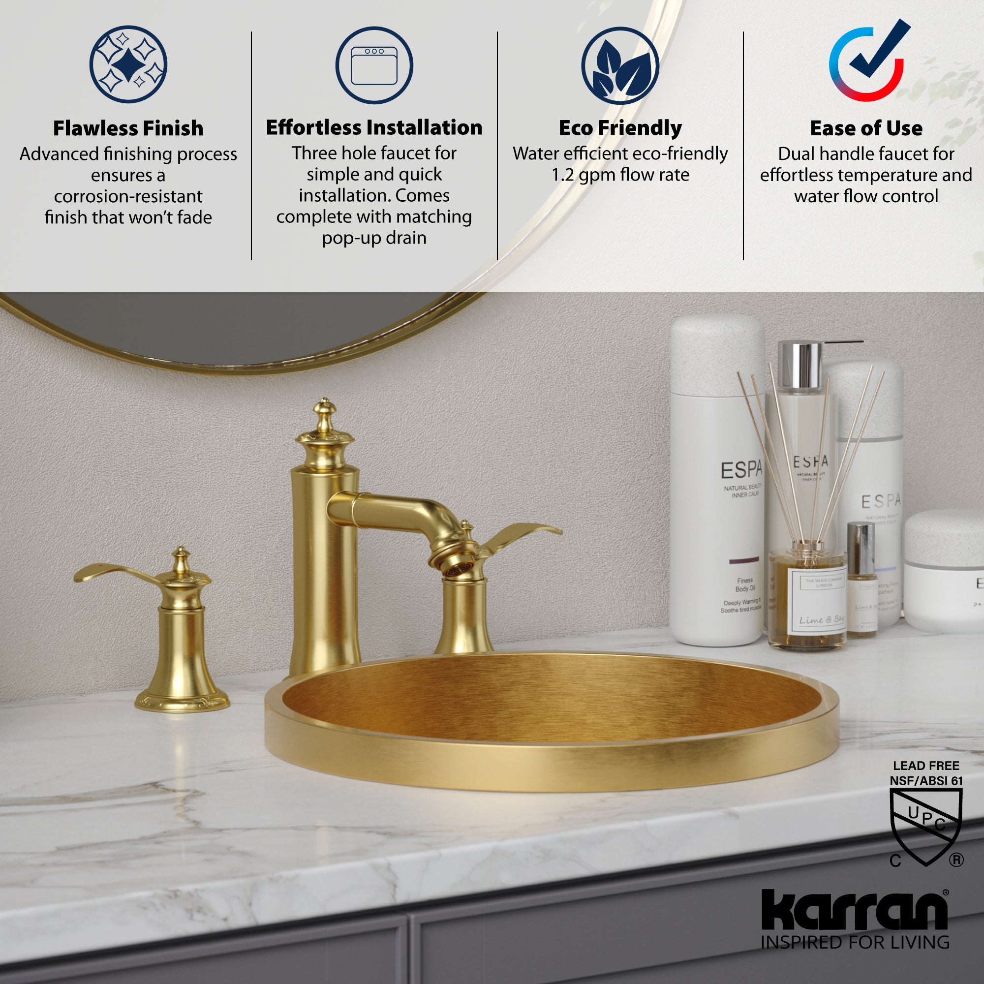 Alternate Image for Karran Vineyard 1.2 GPM Double Lever Handle Lead-free Brass ADA Bathroom Faucet, Widespread, Brushed Gold, KBF474BG