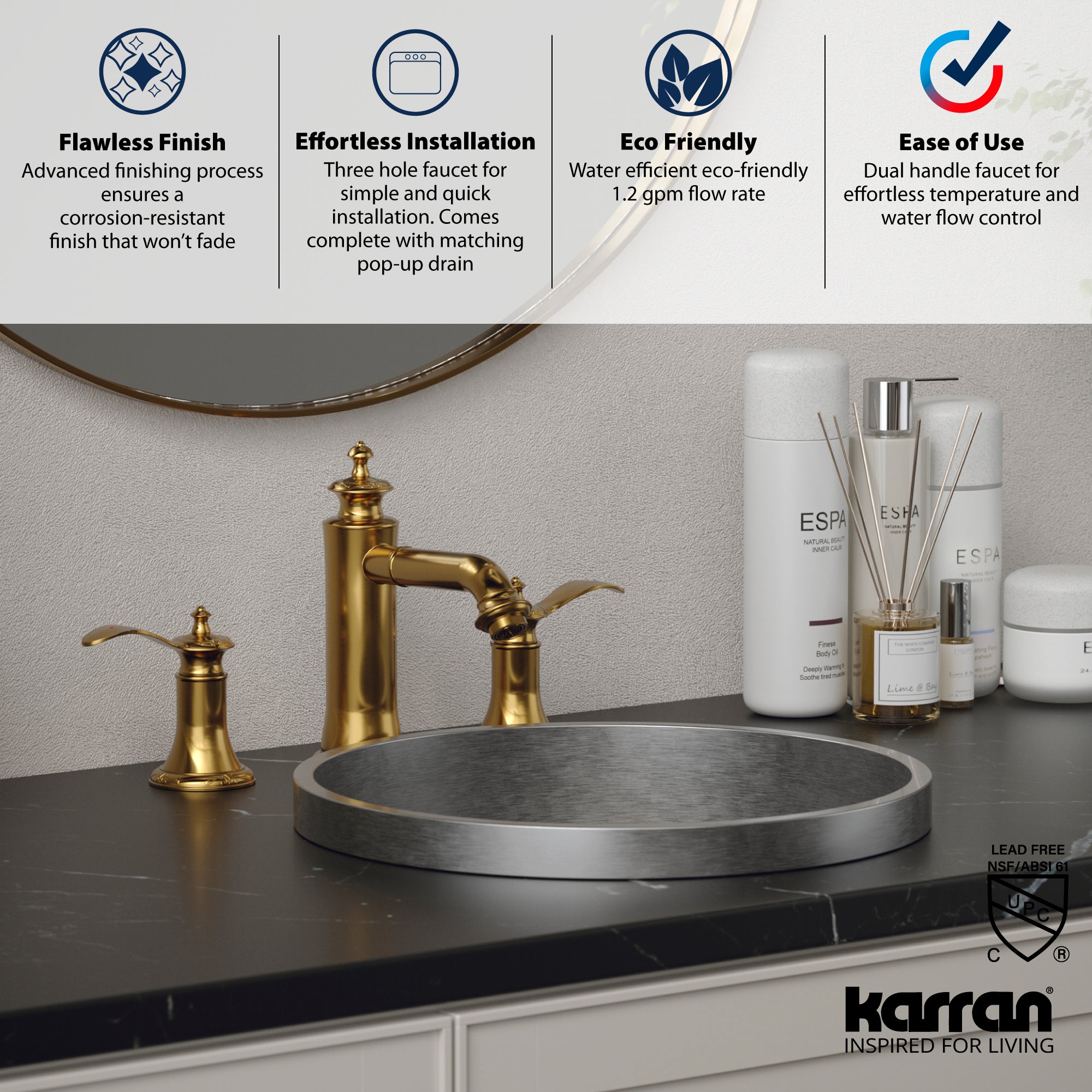Alternate Image for Karran Vineyard 1.2 GPM Double Lever Handle Lead-free Brass ADA Bathroom Faucet, Widespread, Gold, KBF474G