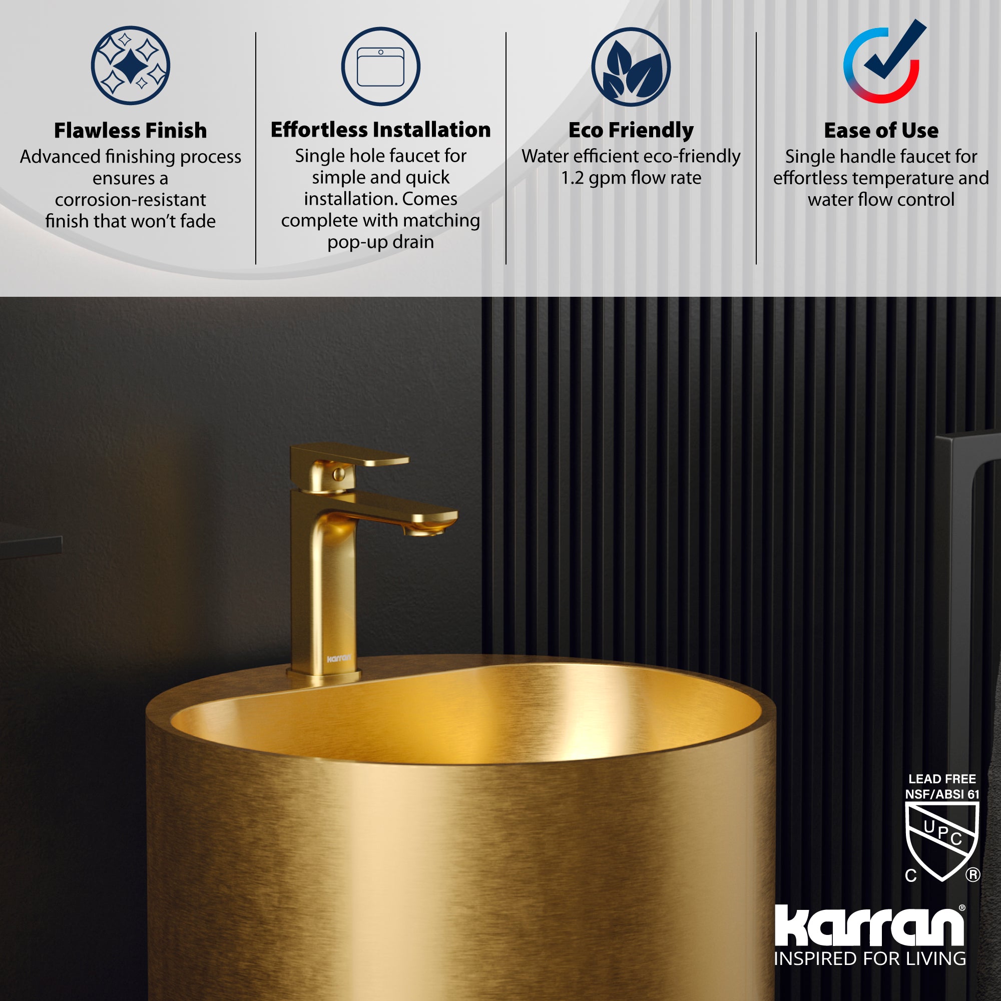 Alternate Image for Karran Venda 1.2 GPM Single Lever Handle Lead-free Brass ADA Bathroom Faucet, Basin, Brushed Gold, KBF510BG