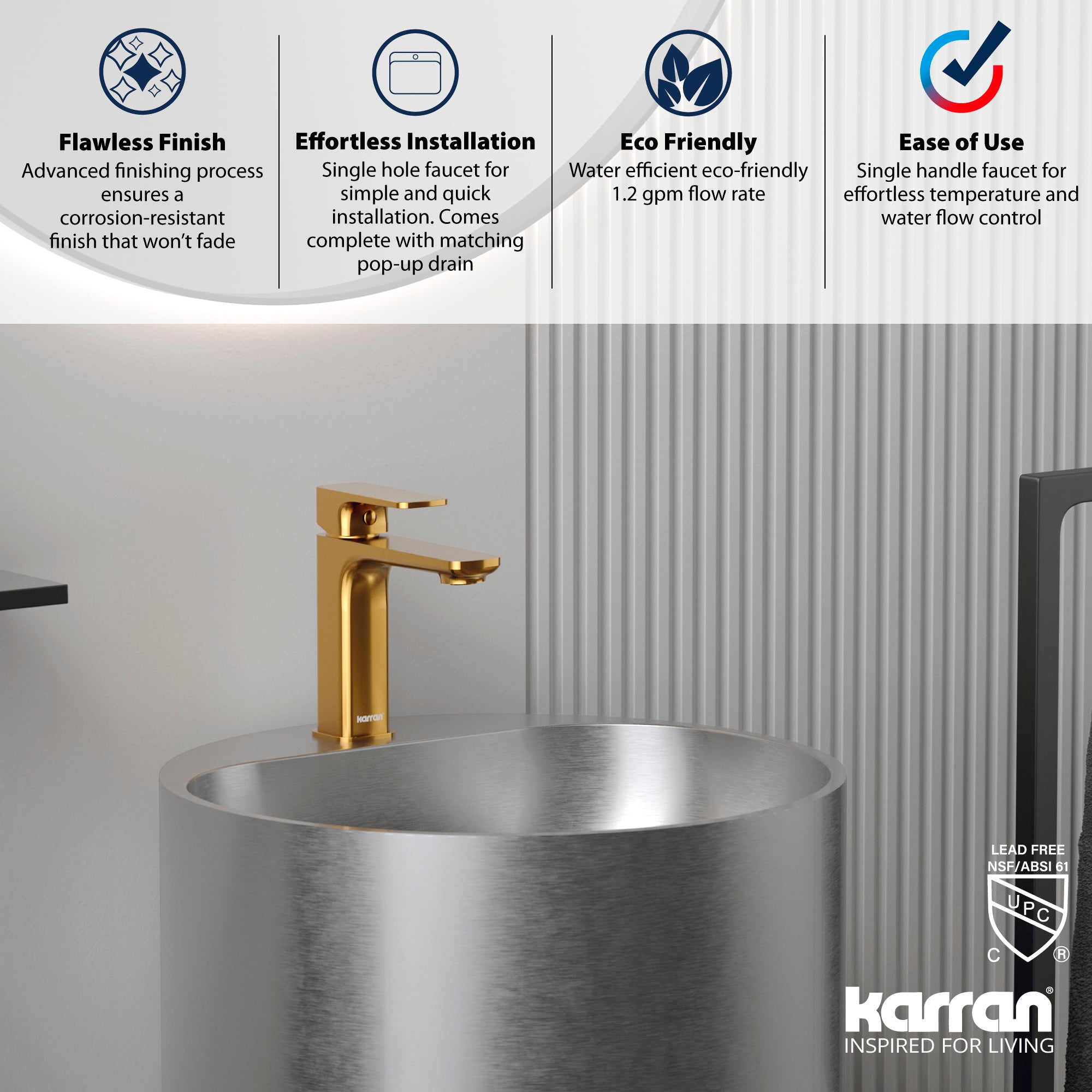 Alternate Image for Karran Venda 1.2 GPM Single Lever Handle Lead-free Brass ADA Bathroom Faucet, Basin, Gold, KBF510G