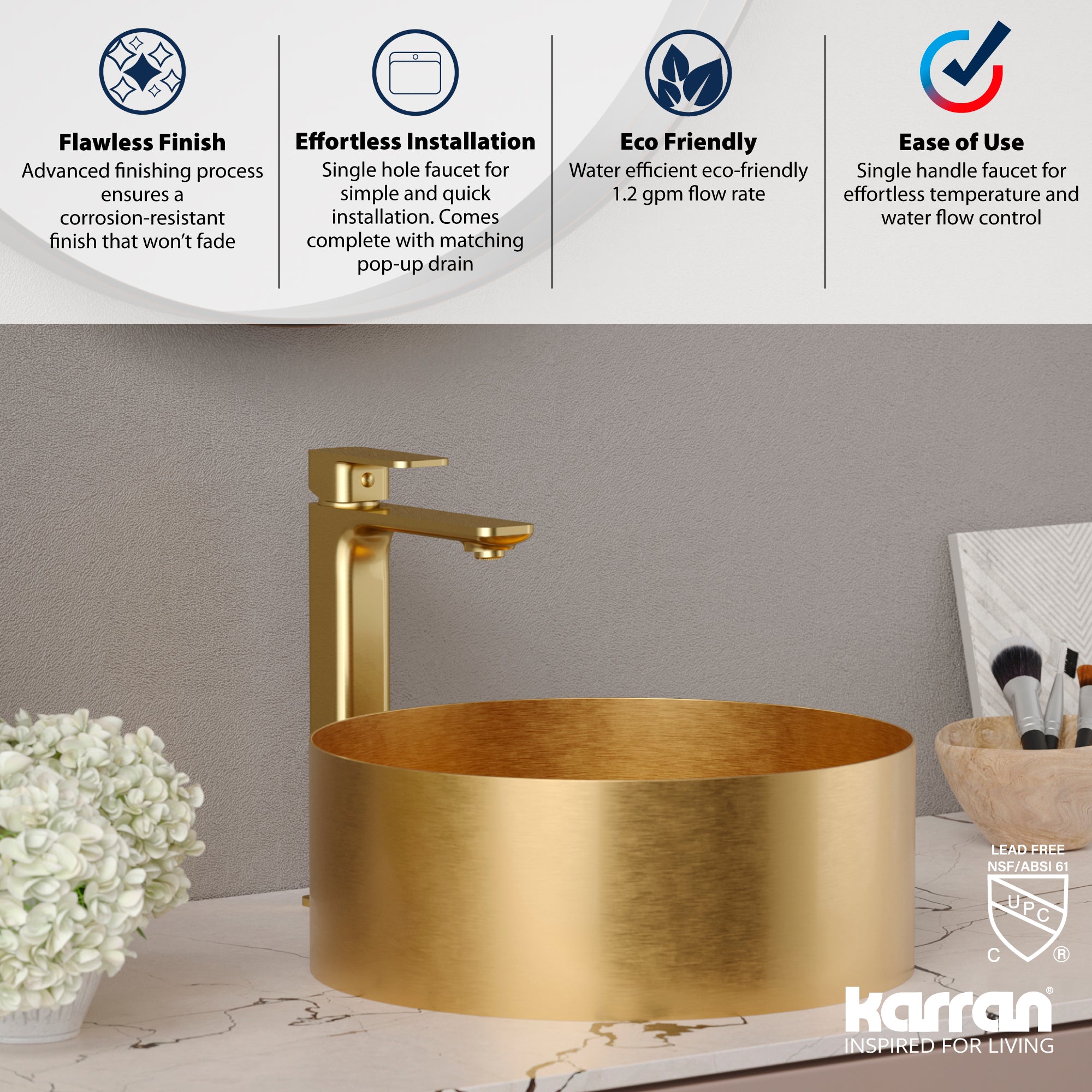 Alternate Image for Karran Venda 1.2 GPM Single Lever Handle Lead-free Brass ADA Bathroom Faucet, Vessel, Brushed Gold, KBF512BG