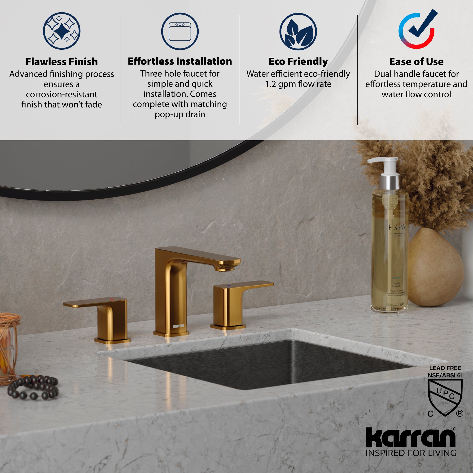 Alternate Image for Karran Venda 1.2 GPM Double Lever Handle Lead-free Brass ADA Bathroom Faucet, Widespread, Gold, KBF514G