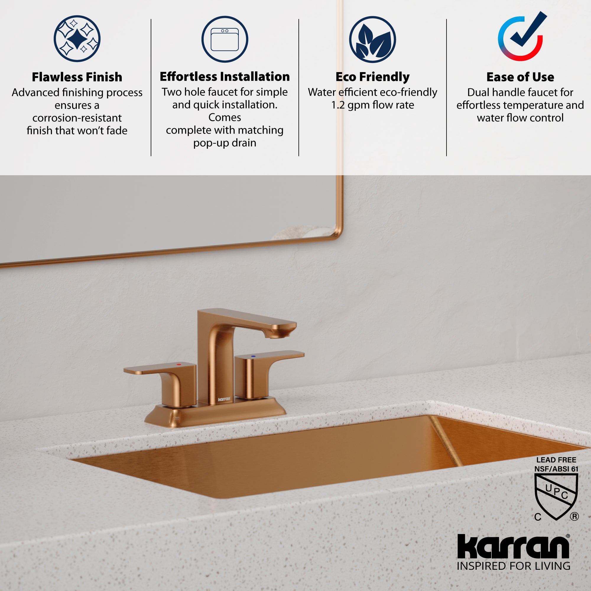 Alternate Image for Karran Venda 1.2 GPM Double Lever Handle Lead-free Brass ADA Bathroom Faucet, Centerset, Brushed Copper, KBF516BC