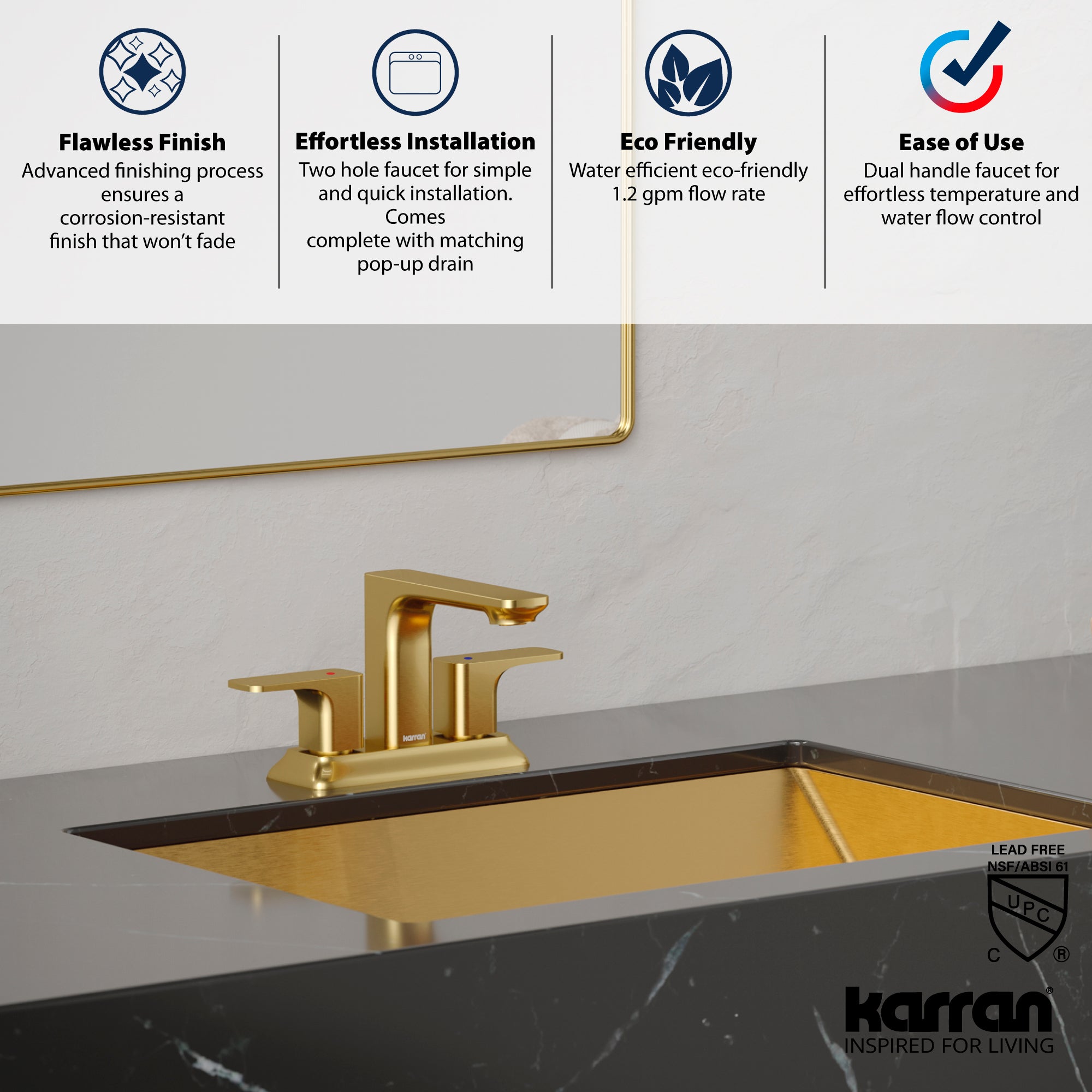 Alternate Image for Karran Venda 1.2 GPM Double Lever Handle Lead-free Brass ADA Bathroom Faucet, Centerset, Brushed Gold, KBF516BG