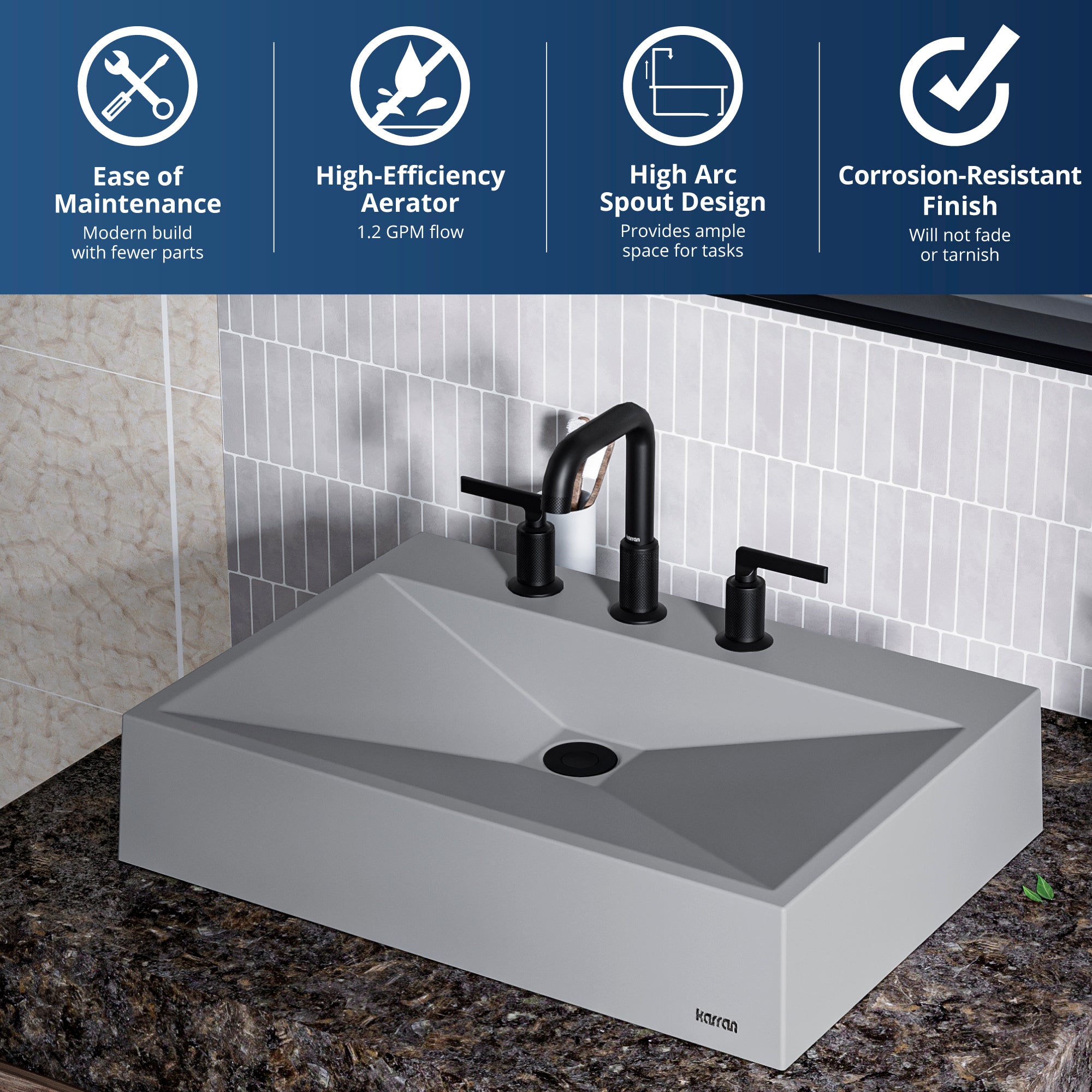 Alternate Image for Karran Gillingham 1.2 GPM Double Lever Handle Lead-free Brass ADA Bathroom Faucet, Widespread, Matte Black, KBF534MB