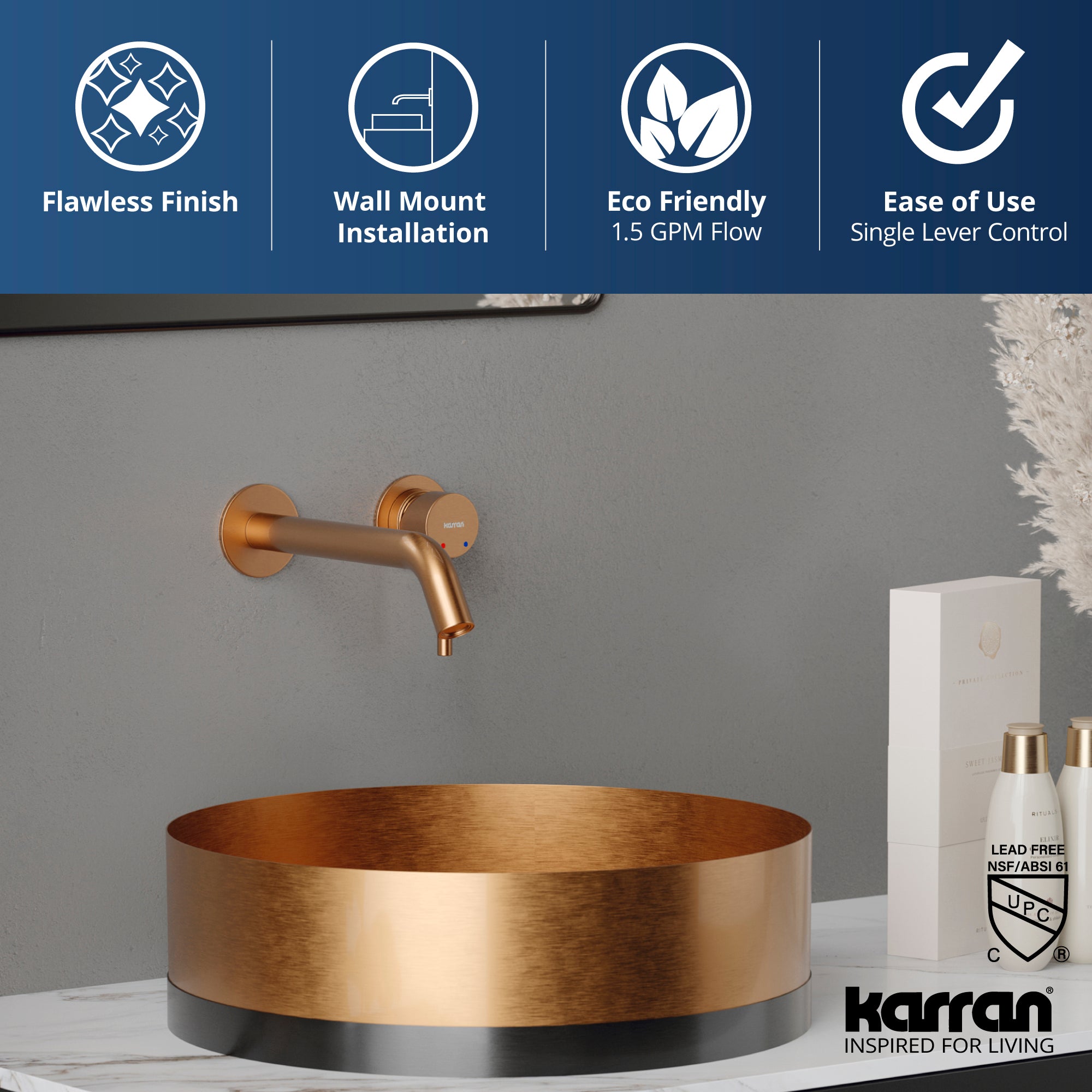 Alternate Image for Karran Grantham 1.5 GPM Single Lever Handle Lead-free Brass ADA Bathroom Faucet, Wall Mounted, Brushed Copper, KBF610BC
