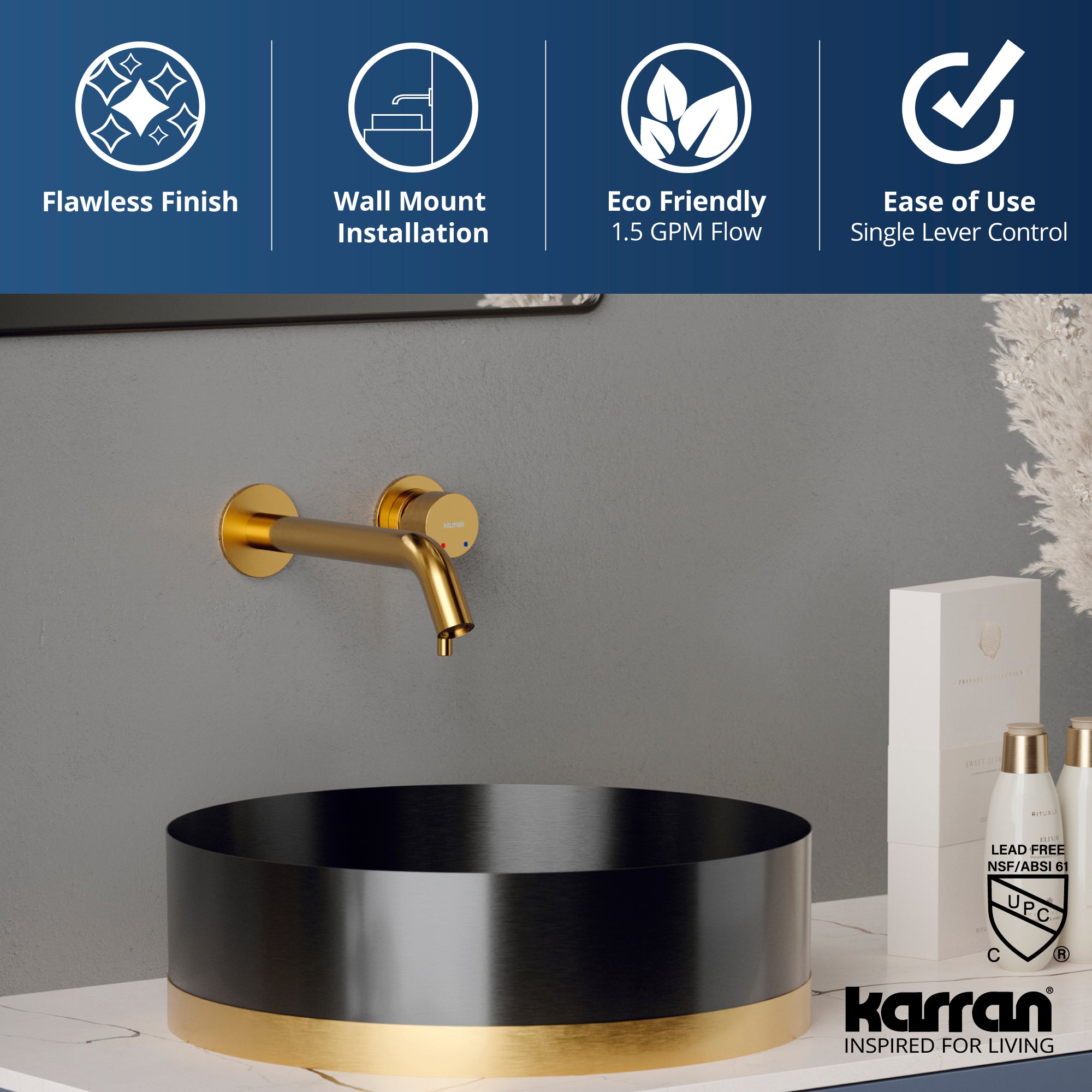Alternate Image for Karran Grantham 1.5 GPM Single Lever Handle Lead-free Brass ADA Bathroom Faucet, Wall Mounted, Gold, KBF610G
