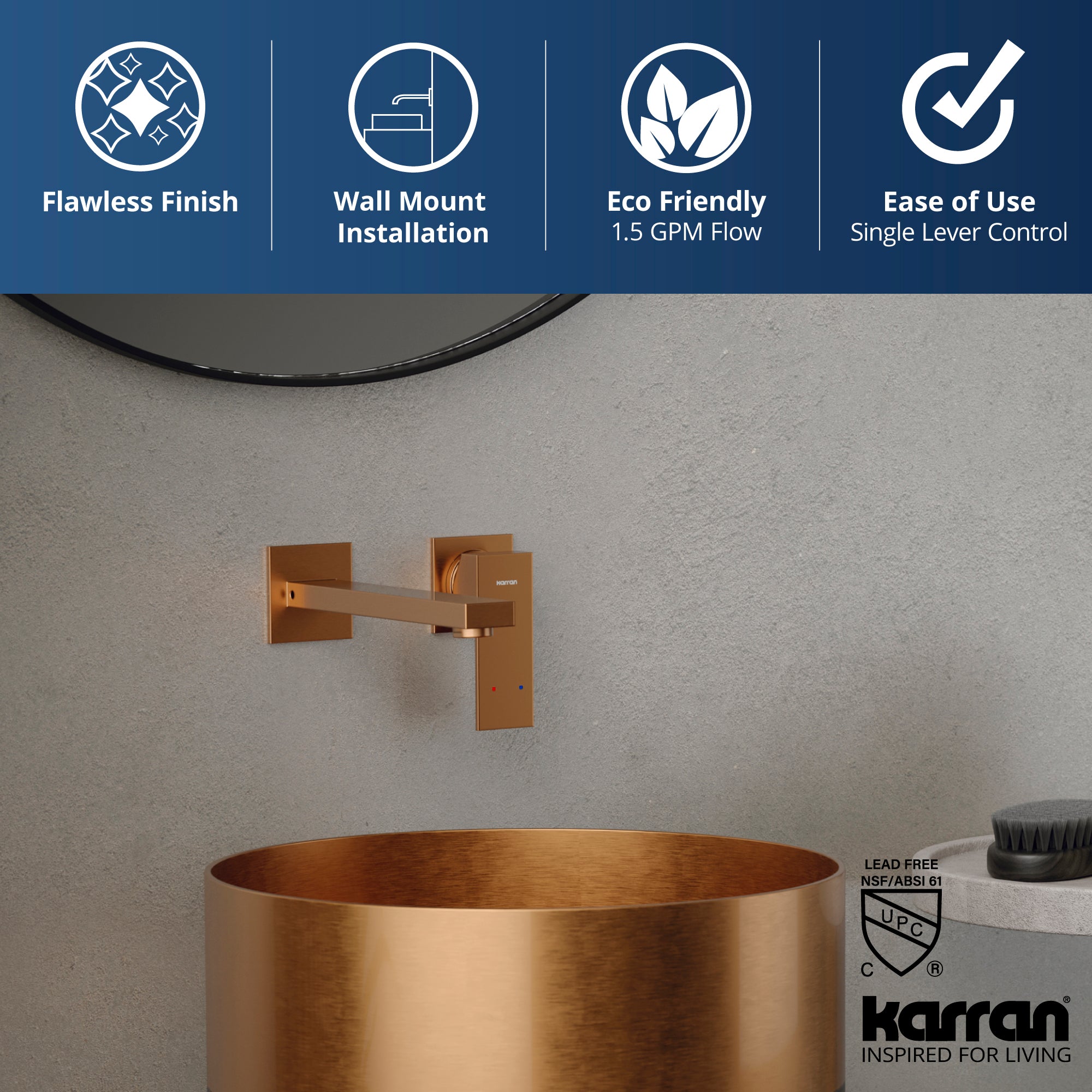 Alternate Image for Karran Alberton 1.5 GPM Single Lever Handle Lead-free Brass ADA Bathroom Faucet, Wall Mounted, Brushed Copper, KBF620BC