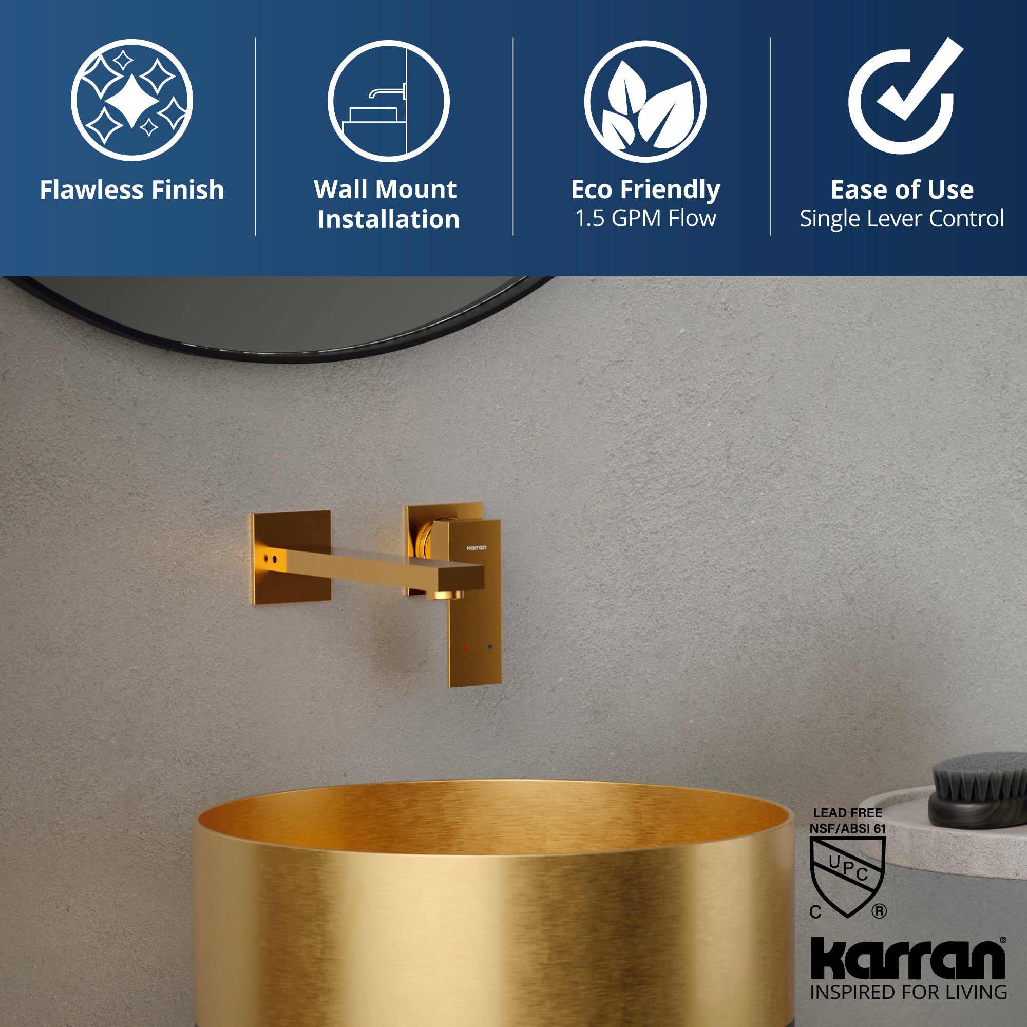 Alternate Image for Karran Alberton 1.5 GPM Single Lever Handle Lead-free Brass ADA Bathroom Faucet, Wall Mounted, Gold, KBF620G