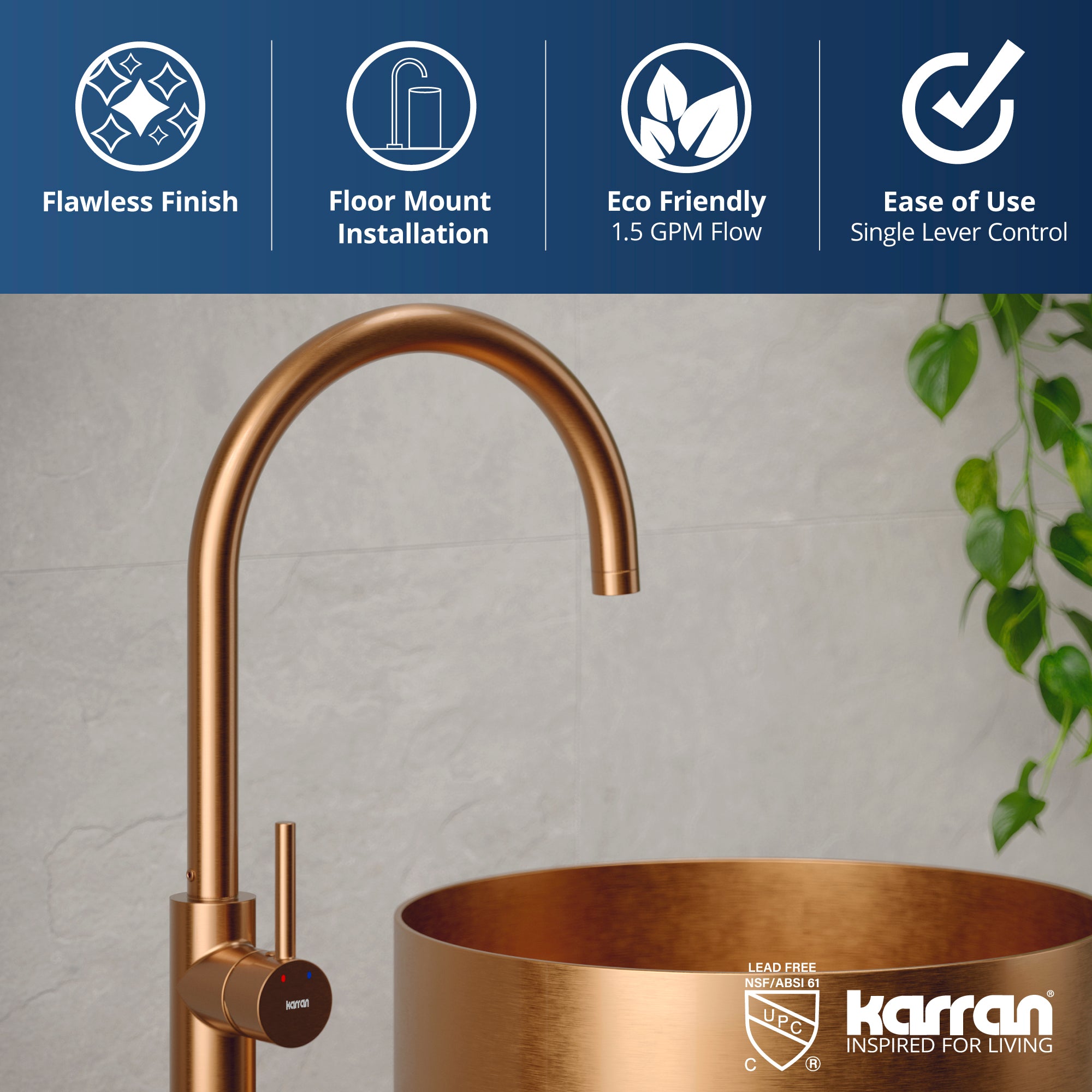 Alternate Image for Karran Howick 1.5 GPM Single Lever Handle Lead-free Brass Bathroom Faucet, Freestanding Floor Mounted, Brushed Copper, KBF650BC