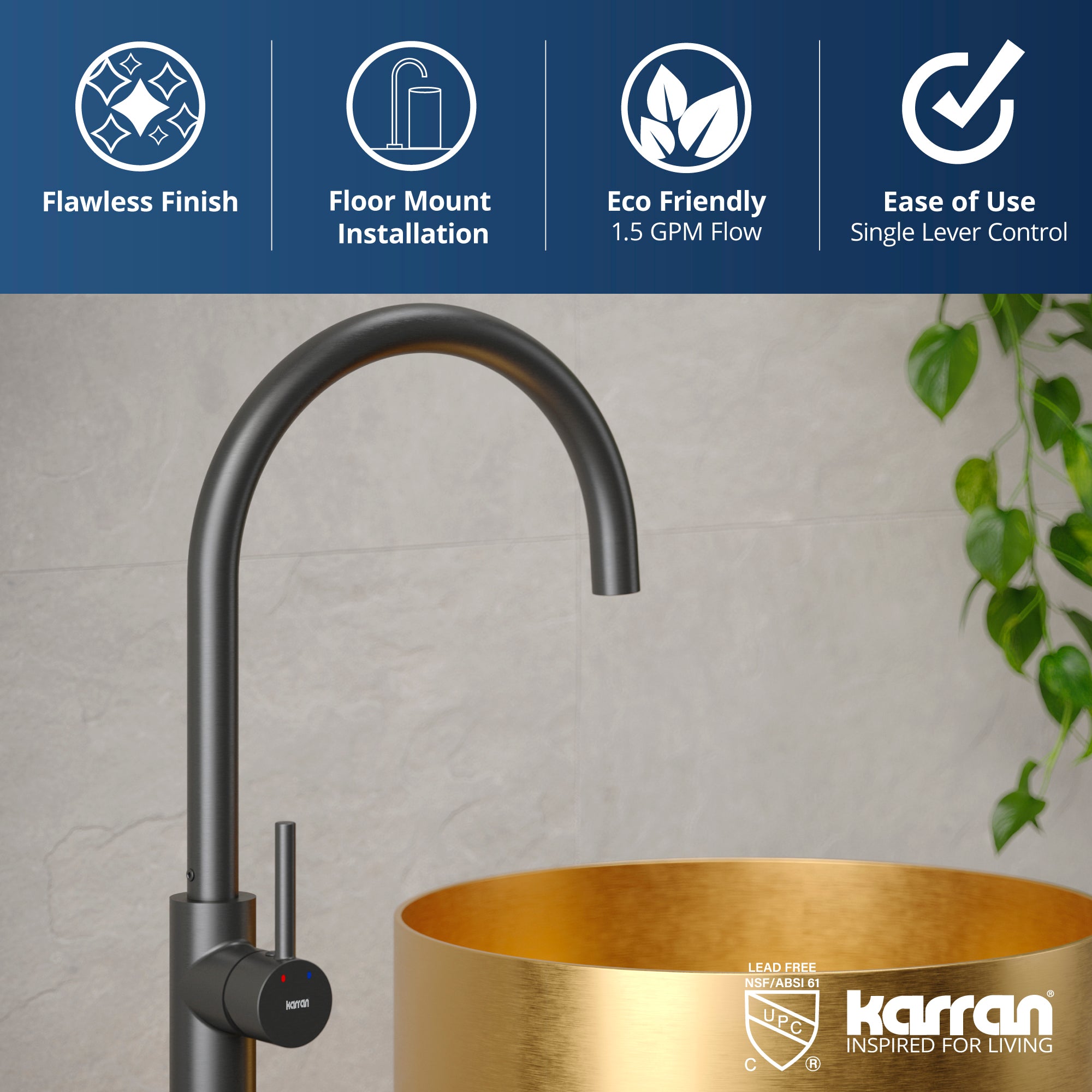 Alternate Image for Karran Howick 1.5 GPM Single Lever Handle Lead-free Brass Bathroom Faucet, Freestanding Floor Mounted, Gunmetal Grey, KBF650GG
