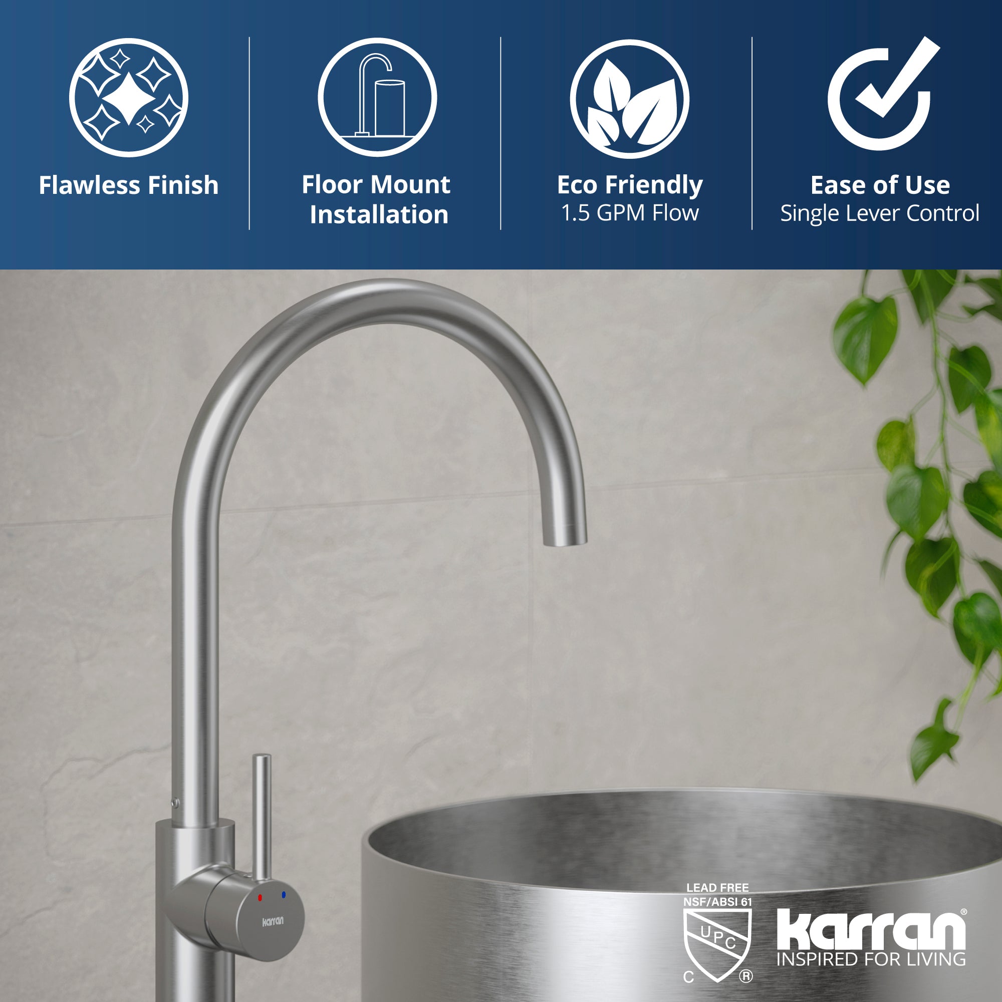 Alternate Image for Karran Howick 1.5 GPM Single Lever Handle Lead-free Brass Bathroom Faucet, Freestanding Floor Mounted, Stainless Steel, KBF650SS