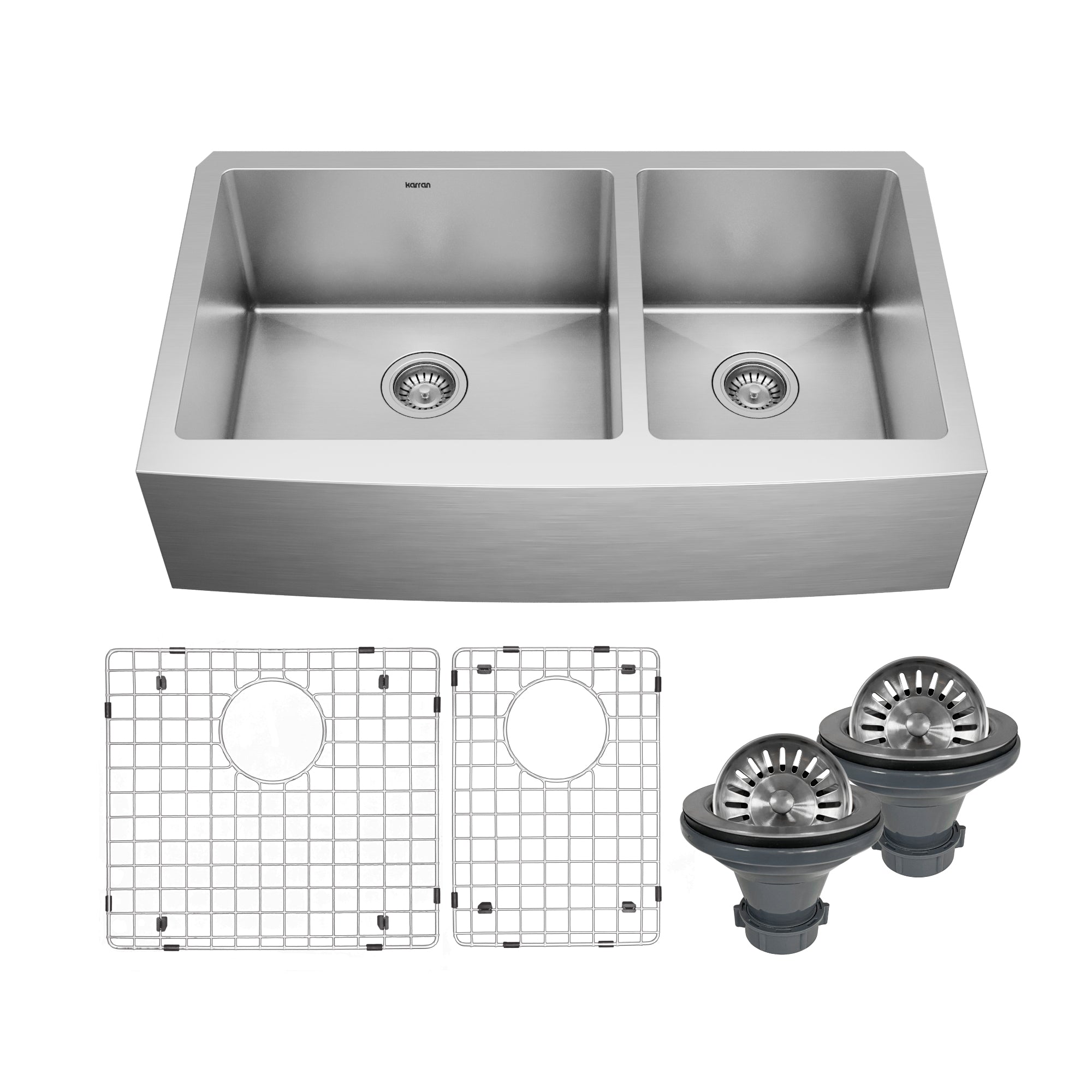 Main Image of Karran 36" Stainless Steel Farmhouse Sink with Accessories, 60/40 Double Bowl, 16 Gauge, EL-87-PK1